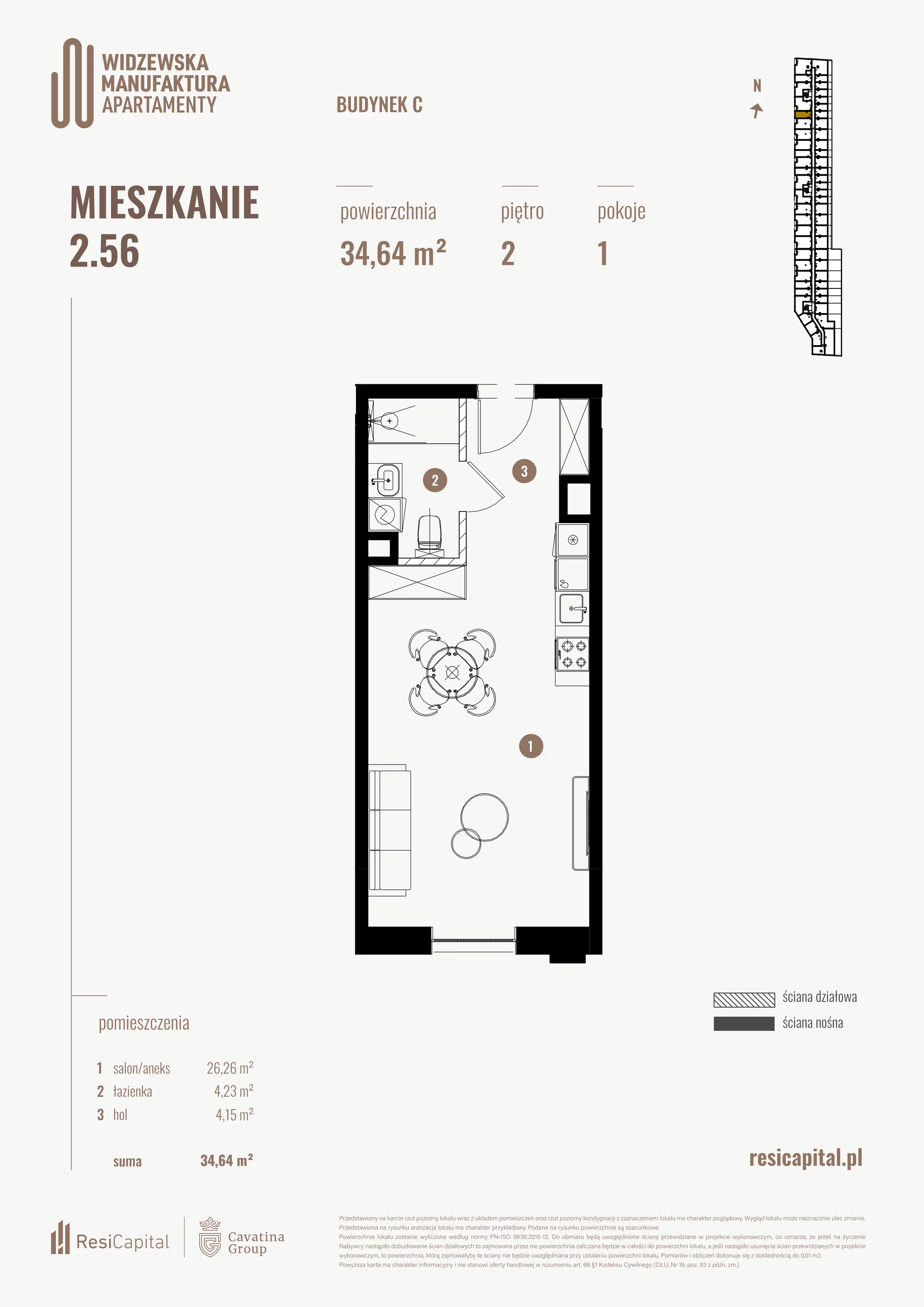 1 pokój, mieszkanie 34,64 m², piętro 2, oferta nr 2.56., Wima Apartments, Łódź, Widzew, al. Piłsudskiego 135