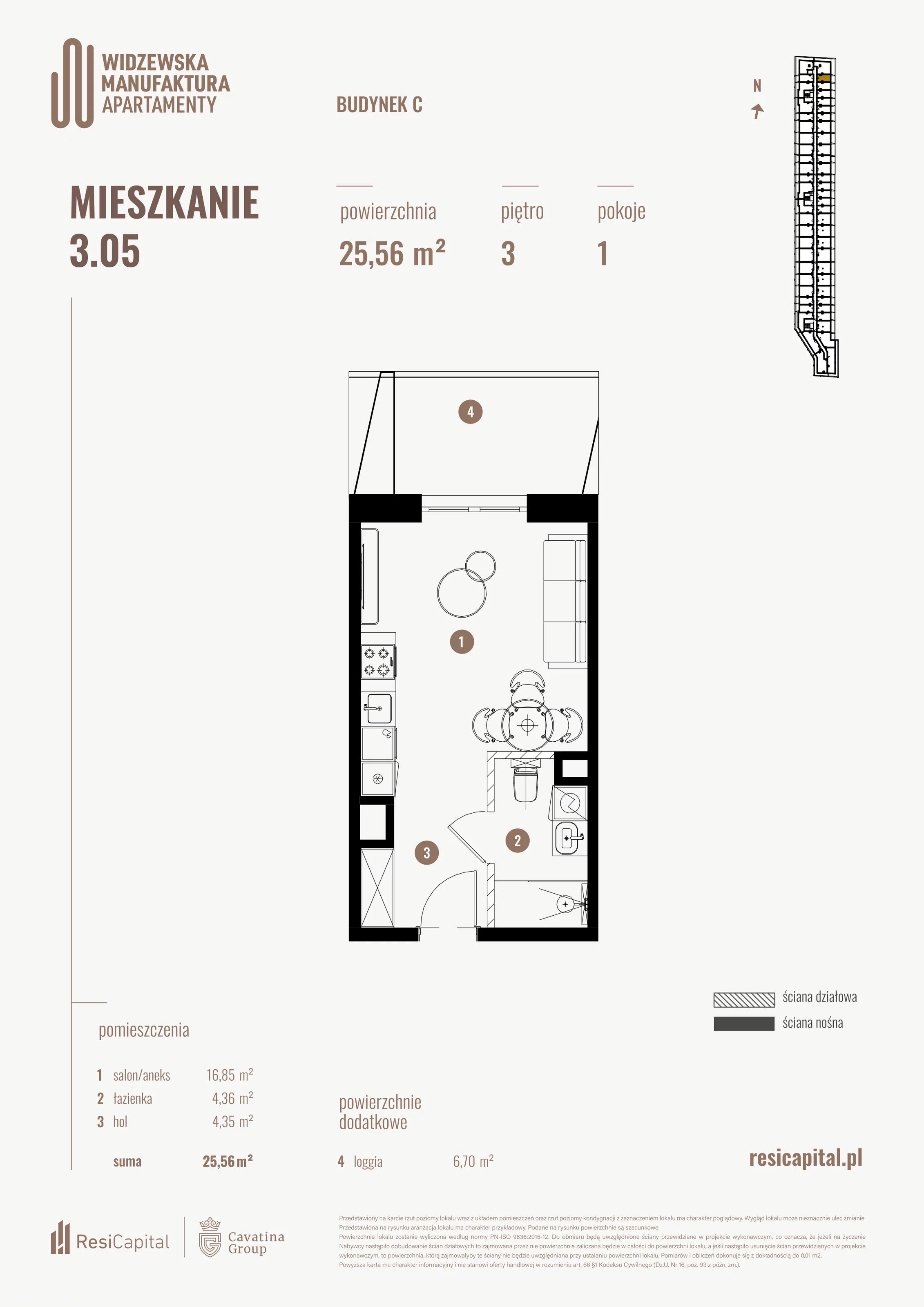 Mieszkanie 25,56 m², piętro 3, oferta nr 3.05., Wima Apartments, Łódź, Widzew, al. Piłsudskiego 135