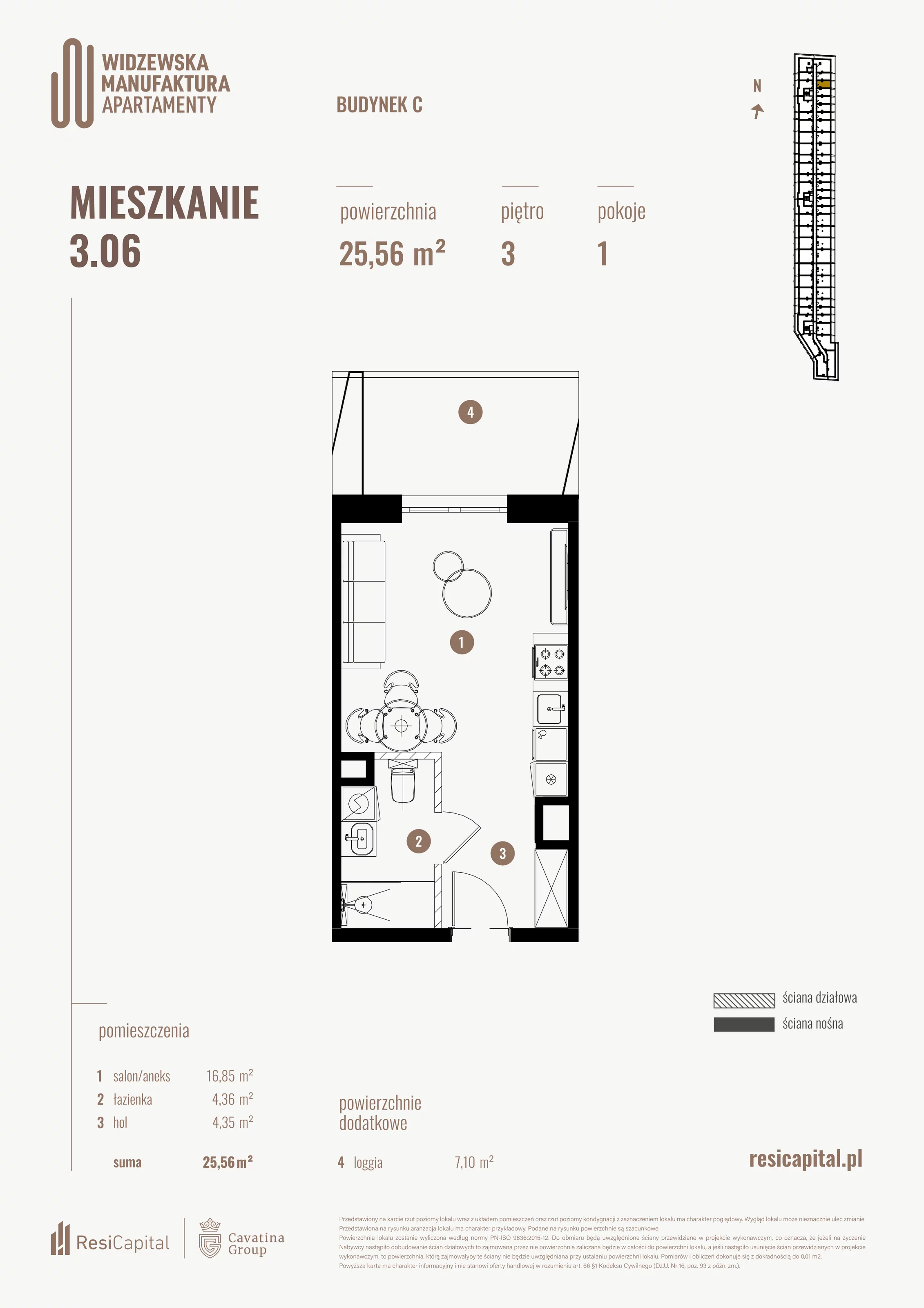 Mieszkanie 25,56 m², piętro 3, oferta nr 3.06., Wima Apartments, Łódź, Widzew, al. Piłsudskiego 135