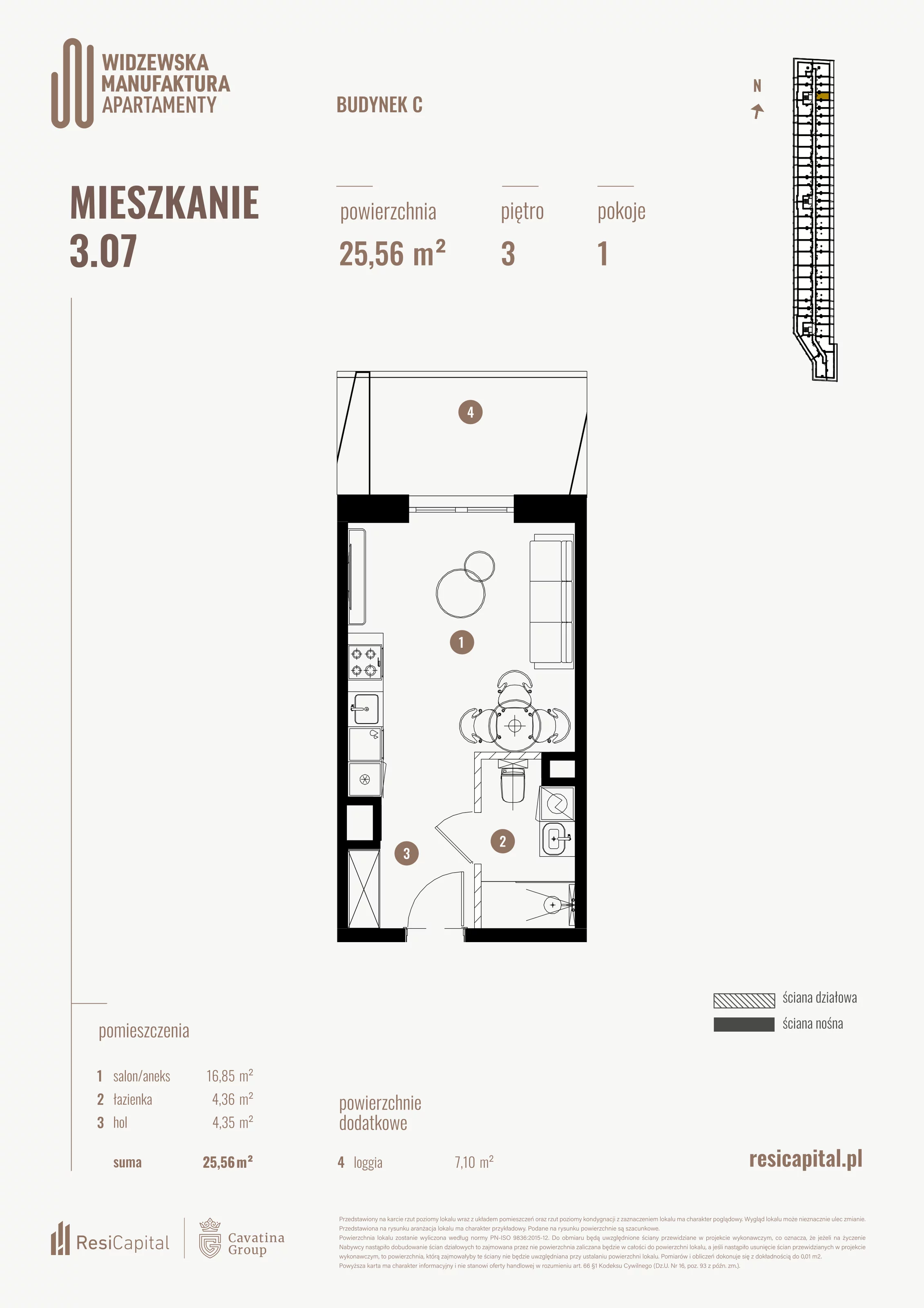 Mieszkanie 25,56 m², piętro 3, oferta nr 3.07., Wima Apartments, Łódź, Widzew, al. Piłsudskiego 135