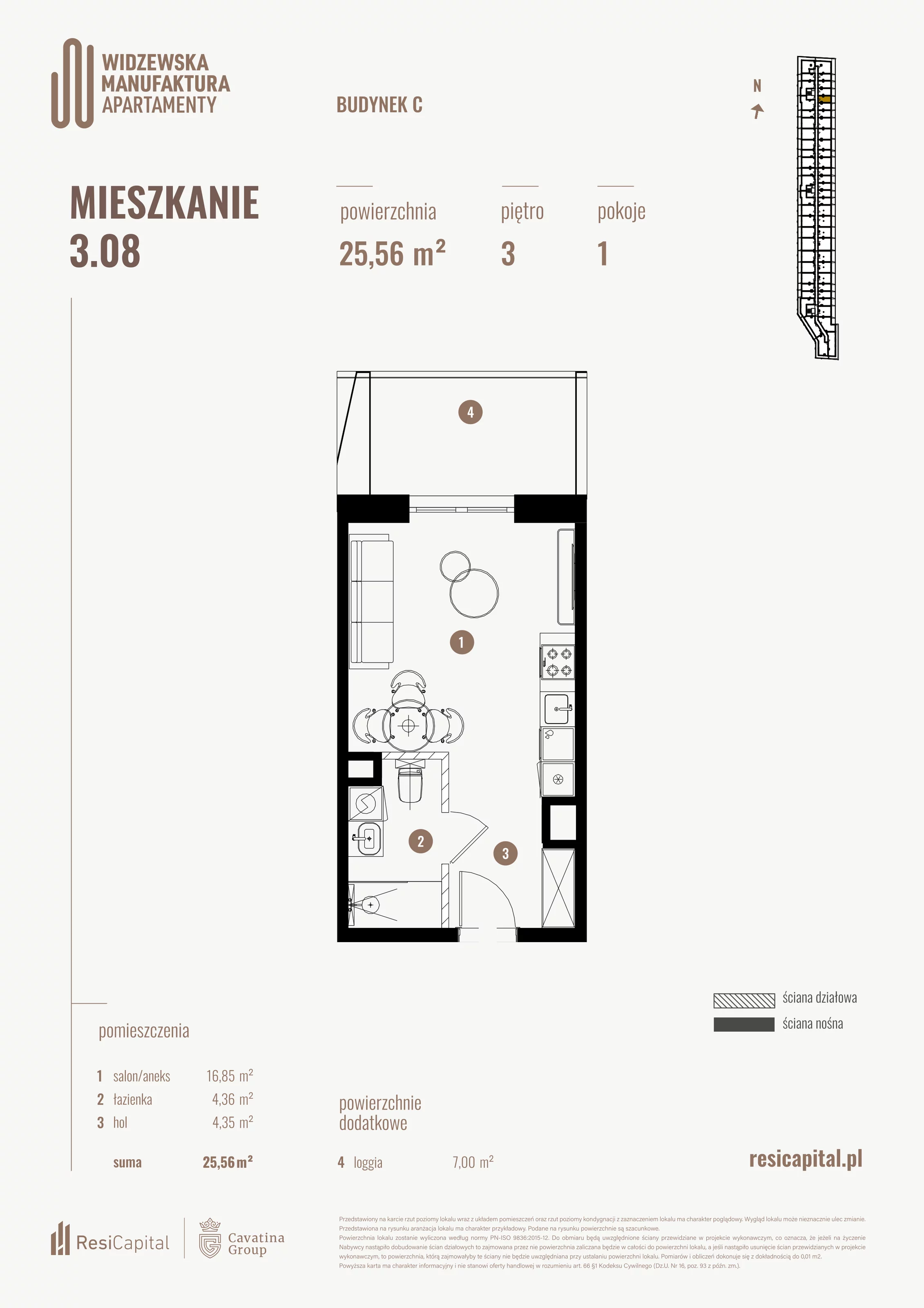 Mieszkanie 25,56 m², piętro 3, oferta nr 3.08., Wima Apartments, Łódź, Widzew, al. Piłsudskiego 135