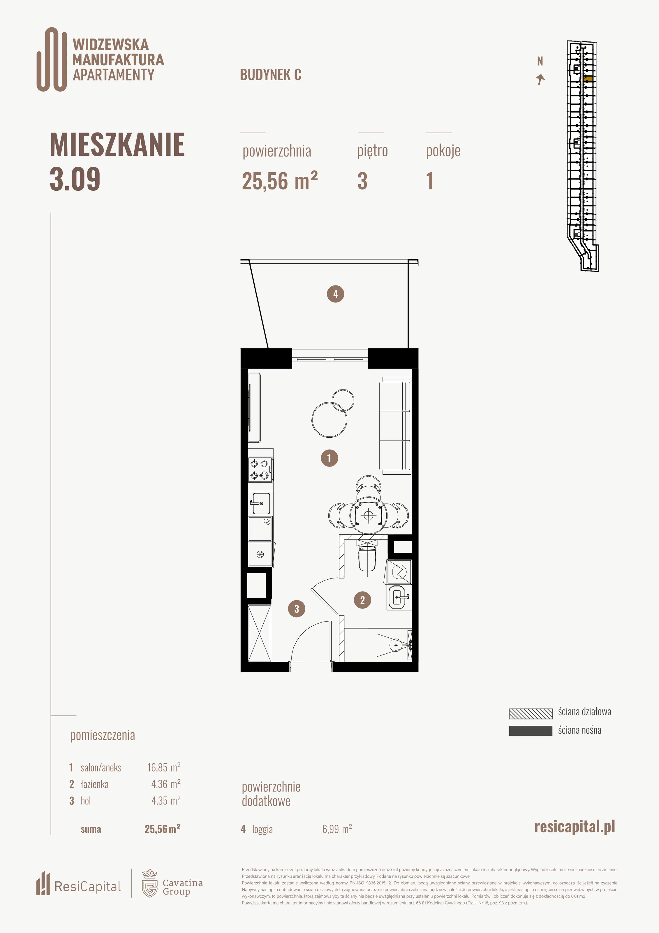 Mieszkanie 25,56 m², piętro 3, oferta nr 3.09., Wima Apartments, Łódź, Widzew, al. Piłsudskiego 135