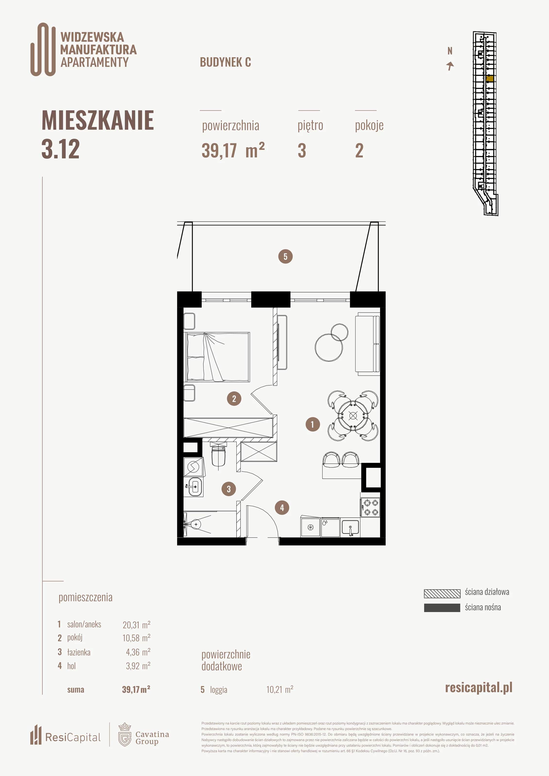 2 pokoje, mieszkanie 39,17 m², piętro 3, oferta nr 3.12., Wima Apartments, Łódź, Widzew, al. Piłsudskiego 135