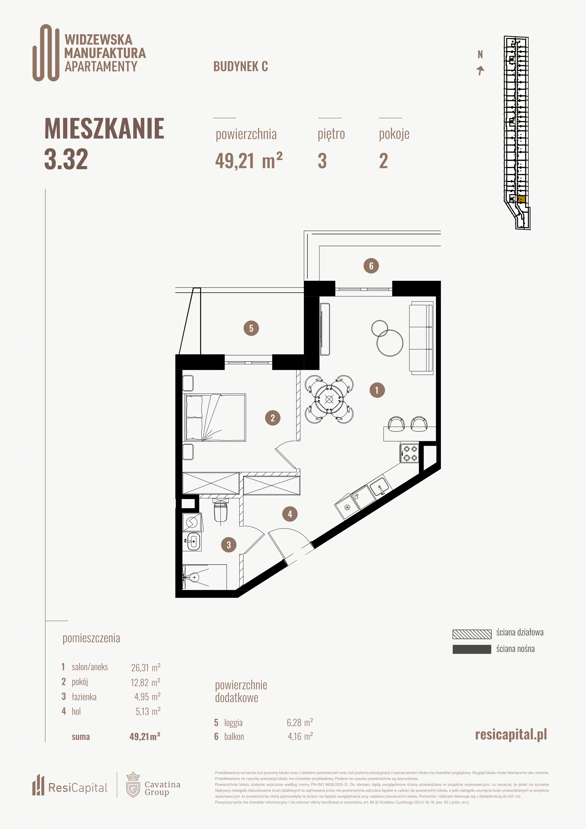 2 pokoje, mieszkanie 49,21 m², piętro 3, oferta nr 3.32., Wima Apartments, Łódź, Widzew, al. Piłsudskiego 135