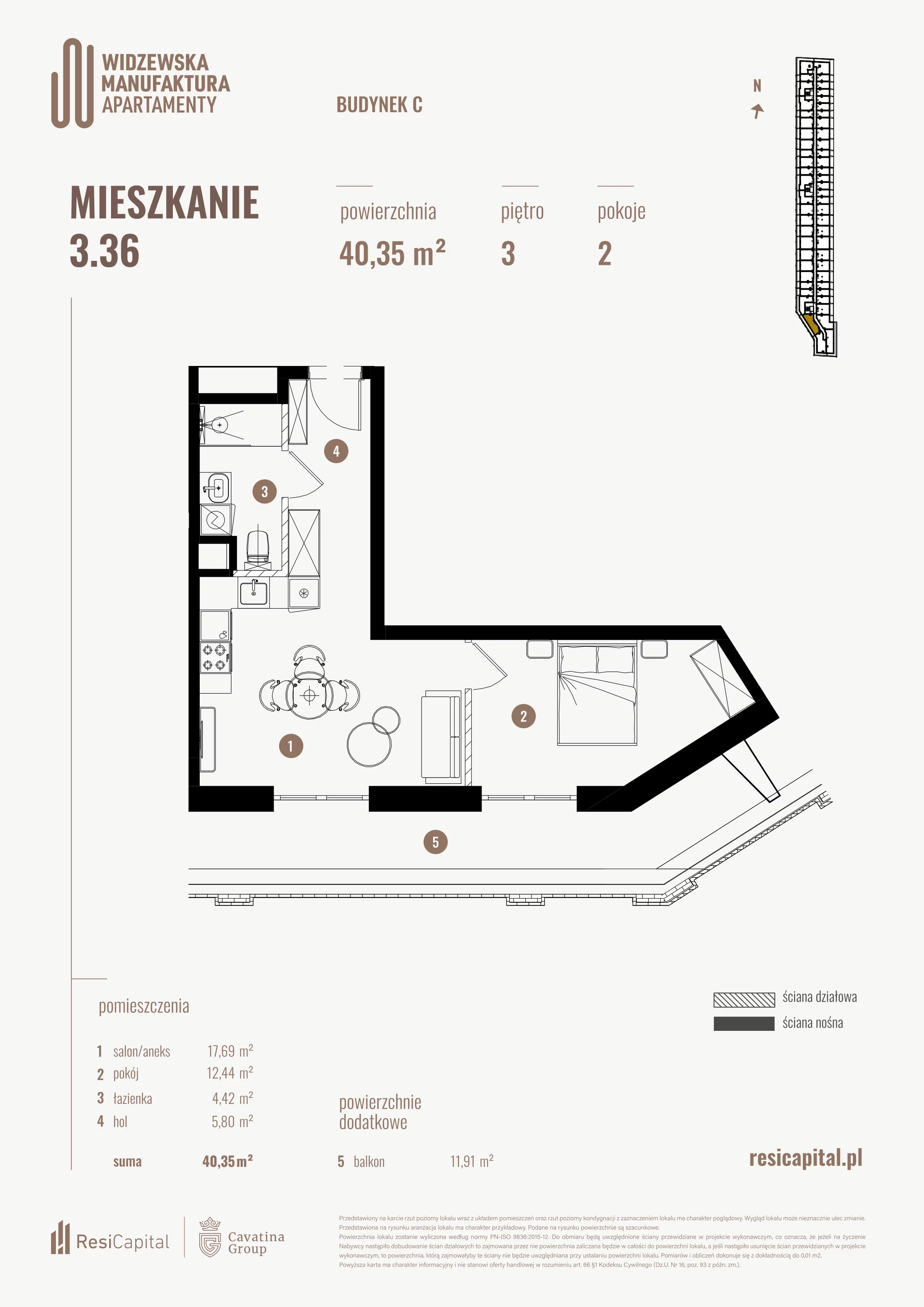 2 pokoje, mieszkanie 40,35 m², piętro 3, oferta nr 3.36., Wima Apartments, Łódź, Widzew, al. Piłsudskiego 135