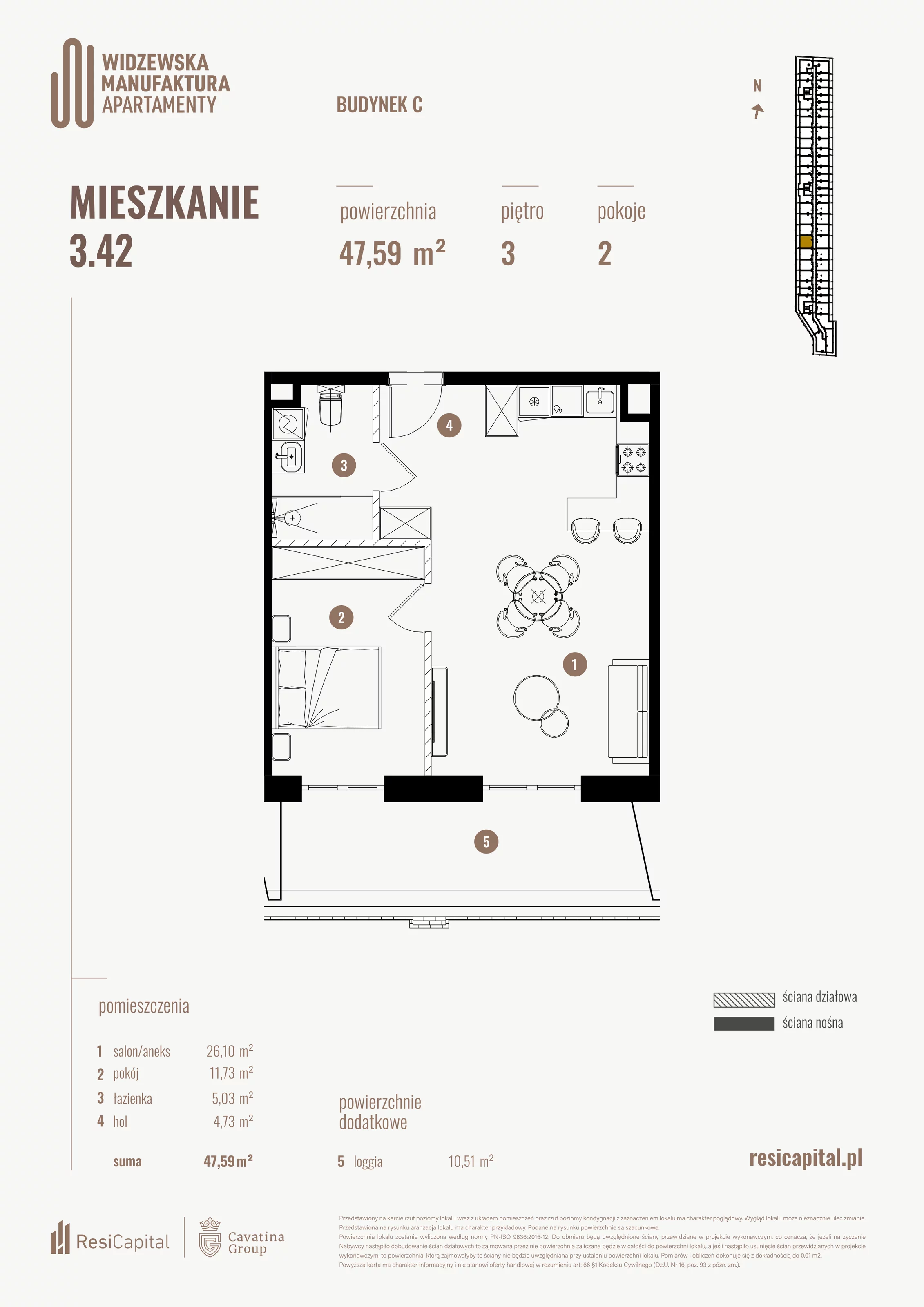 2 pokoje, mieszkanie 47,59 m², piętro 3, oferta nr 3.42., Wima Apartments, Łódź, Widzew, al. Piłsudskiego 135