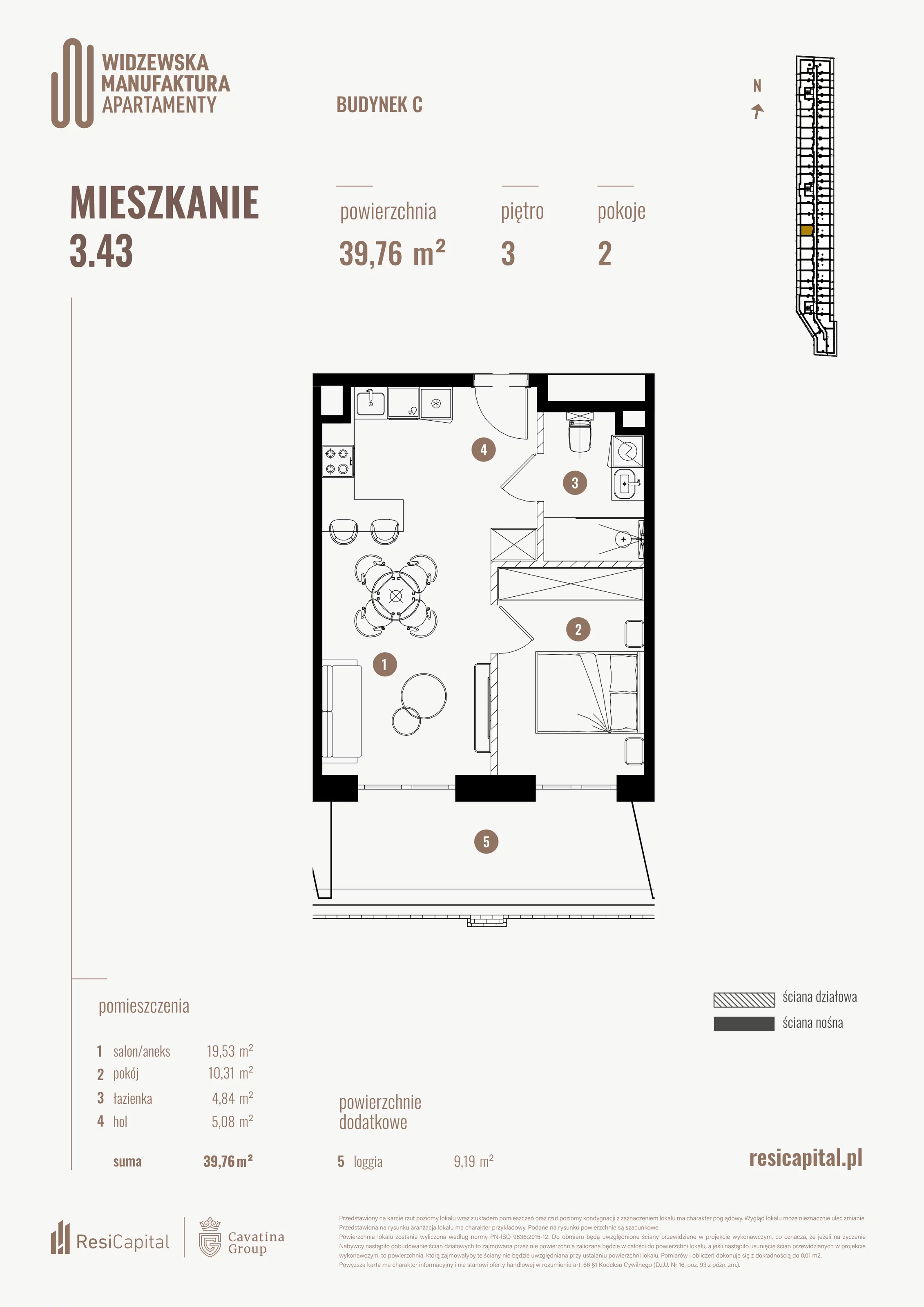 2 pokoje, mieszkanie 39,76 m², piętro 3, oferta nr 3.43., Wima Apartments, Łódź, Widzew, al. Piłsudskiego 135
