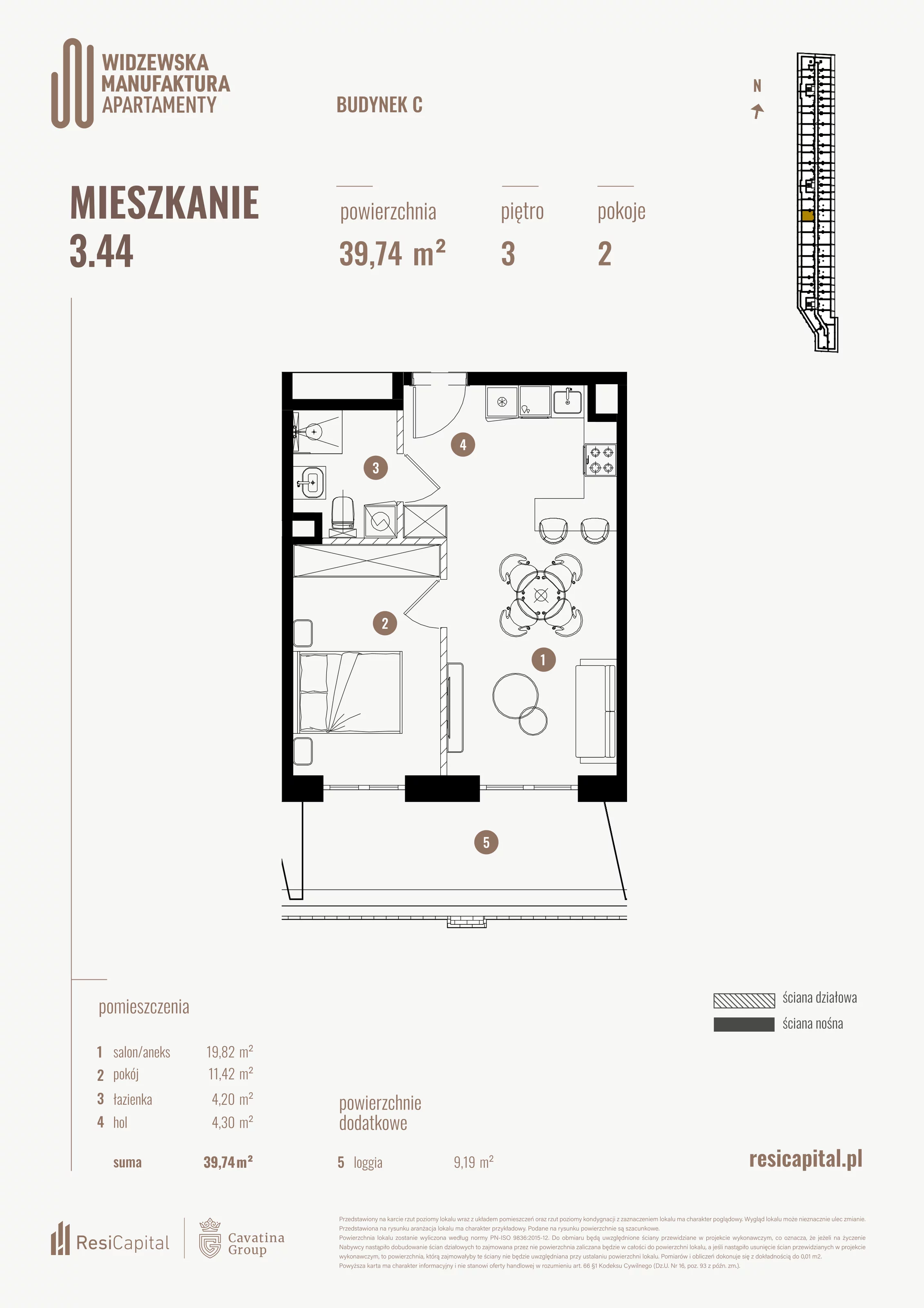 2 pokoje, mieszkanie 39,74 m², piętro 3, oferta nr 3.44., Wima Apartments, Łódź, Widzew, al. Piłsudskiego 135