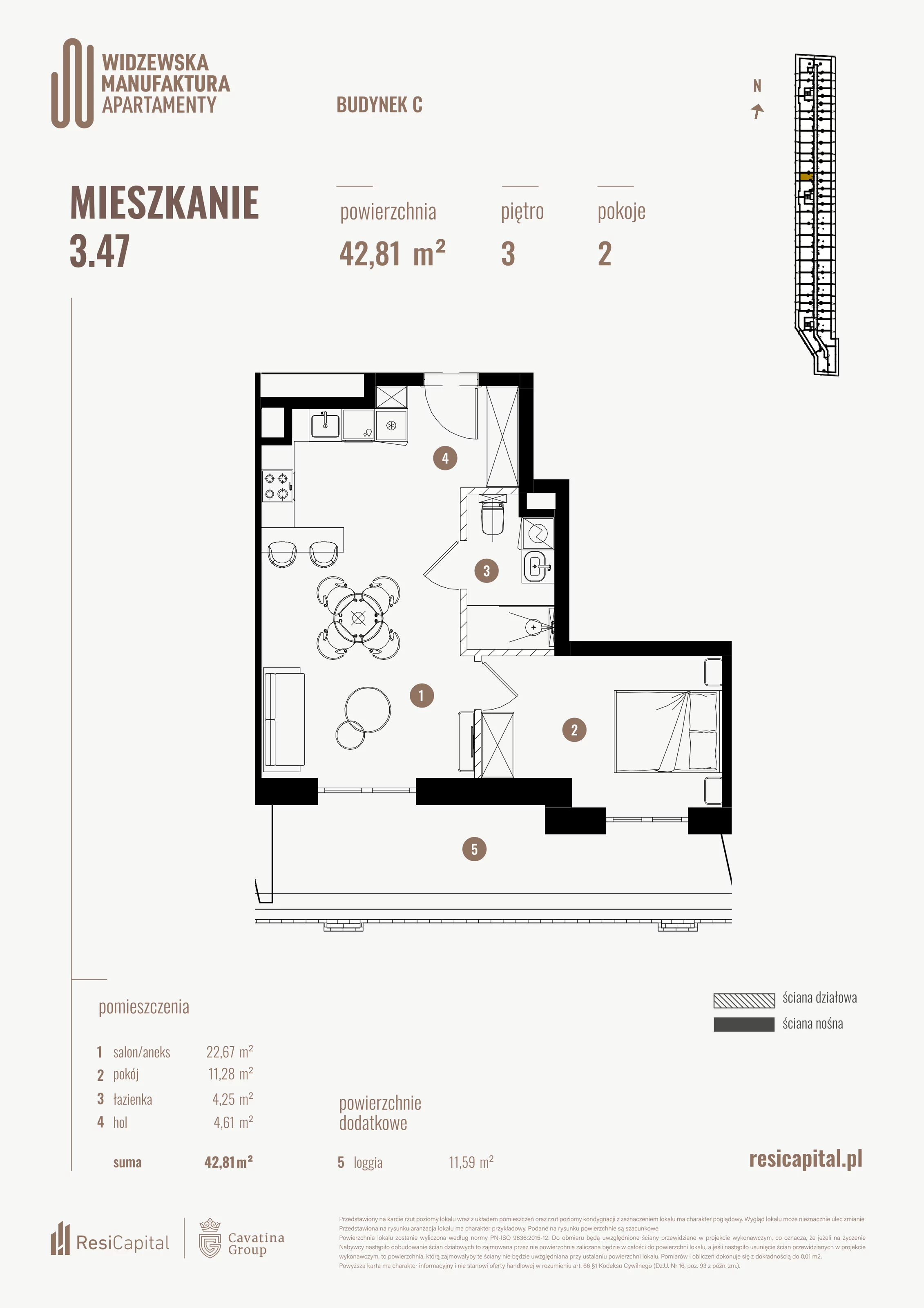 2 pokoje, mieszkanie 42,81 m², piętro 3, oferta nr 3.47., Wima Apartments, Łódź, Widzew, al. Piłsudskiego 135