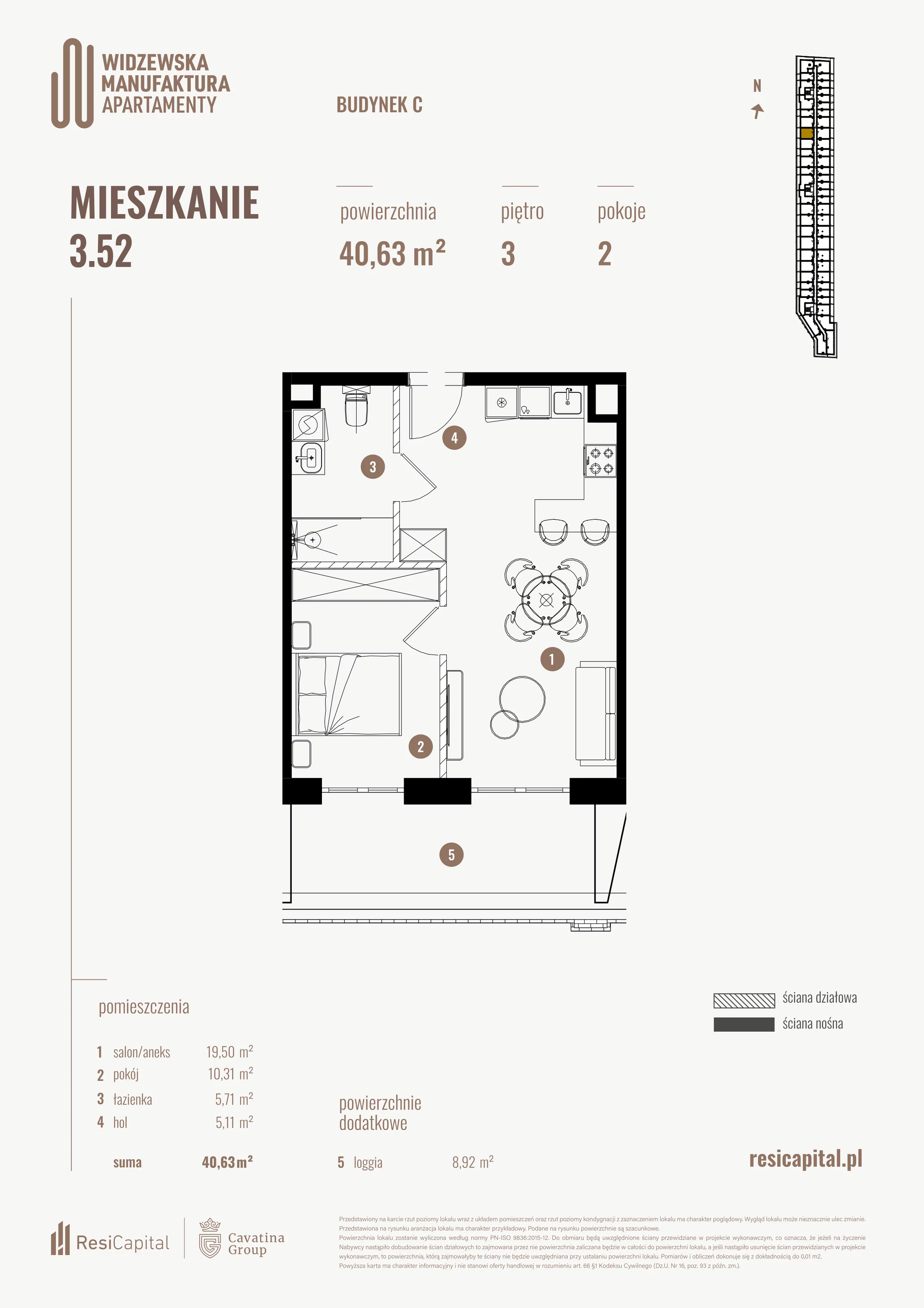 2 pokoje, mieszkanie 40,63 m², piętro 3, oferta nr 3.52., Wima Apartments, Łódź, Widzew, al. Piłsudskiego 135