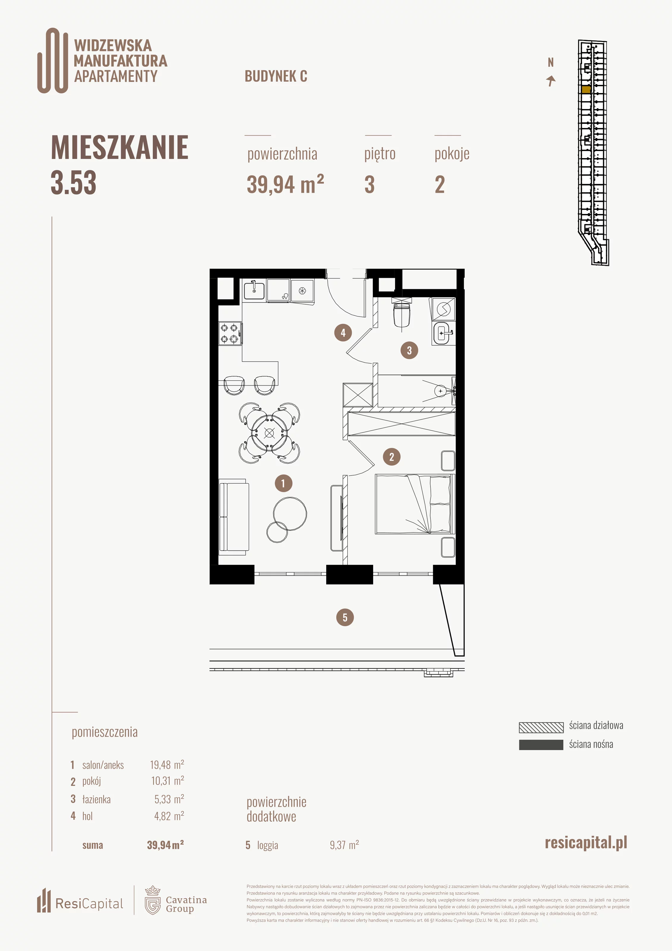 2 pokoje, mieszkanie 39,94 m², piętro 3, oferta nr 3.53., Wima Apartments, Łódź, Widzew, al. Piłsudskiego 135