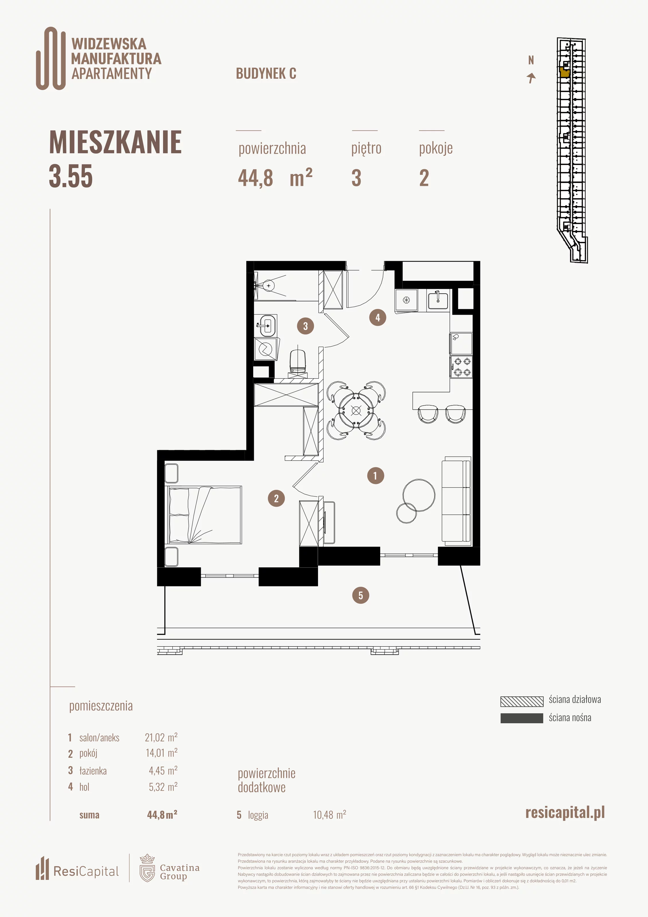 2 pokoje, mieszkanie 44,80 m², piętro 3, oferta nr 3.55., Wima Apartments, Łódź, Widzew, al. Piłsudskiego 135