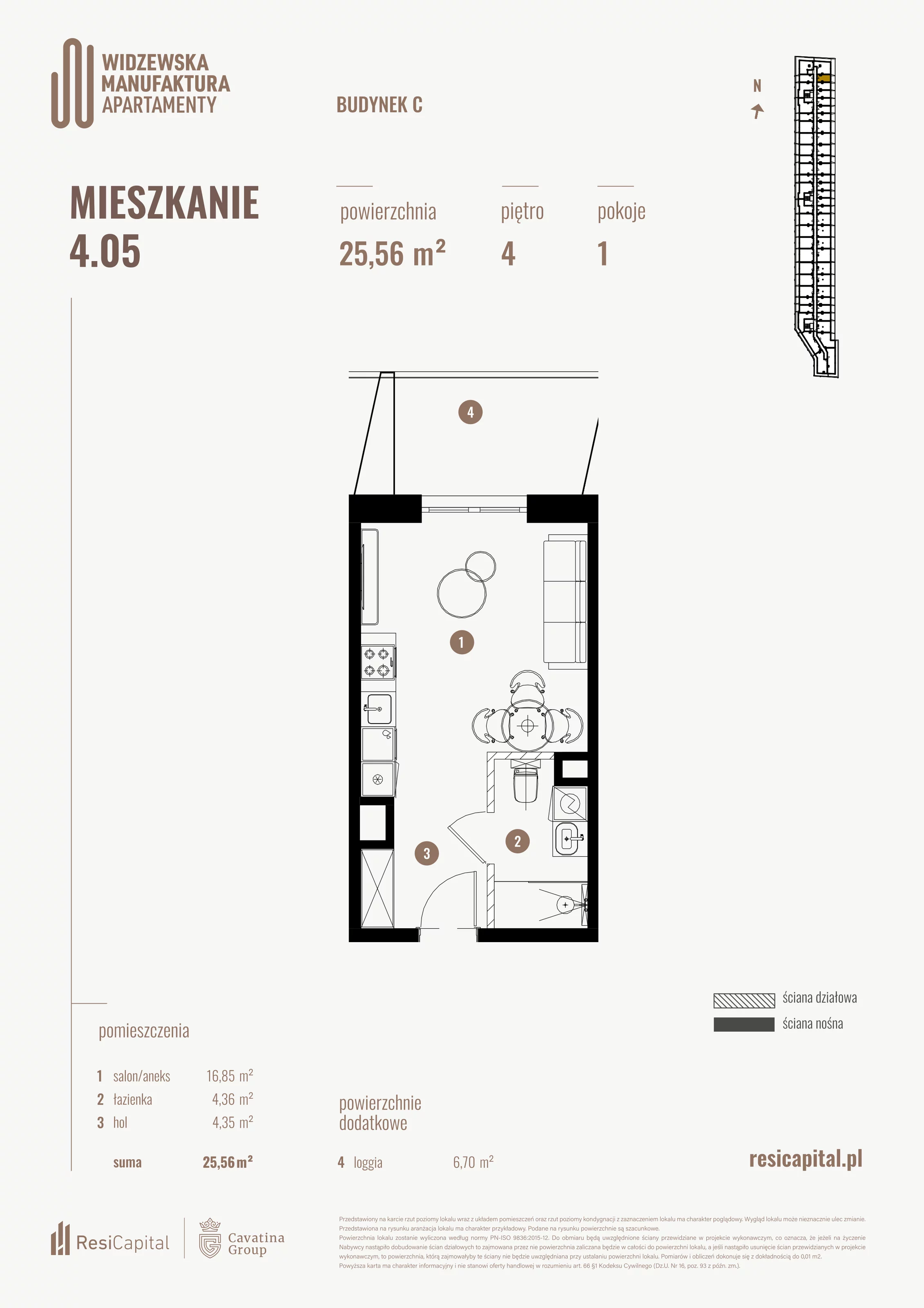 Mieszkanie 25,56 m², piętro 4, oferta nr 4.05., Wima Apartments, Łódź, Widzew, al. Piłsudskiego 135