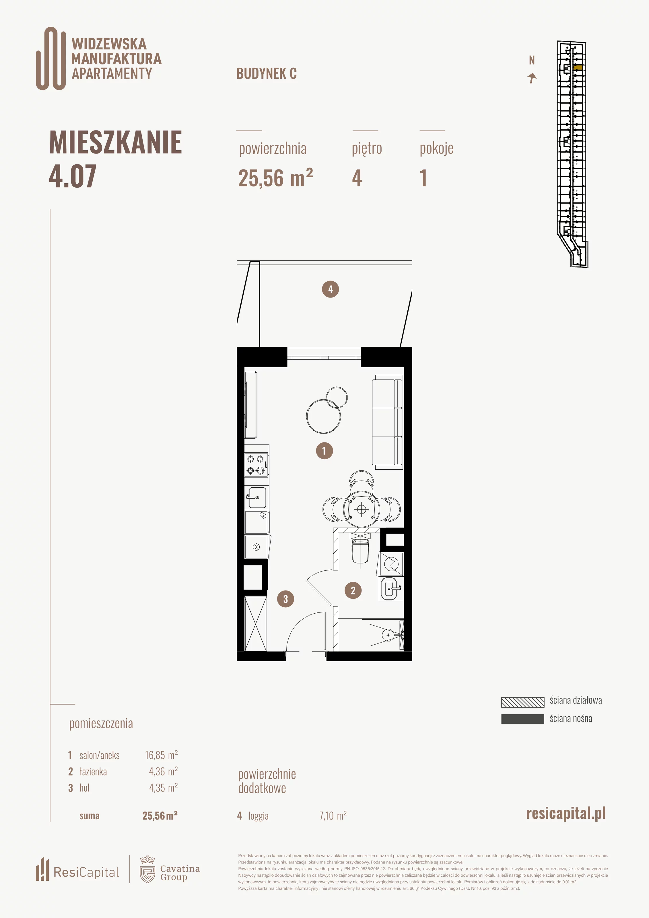 Mieszkanie 25,56 m², piętro 4, oferta nr 4.07., Wima Apartments, Łódź, Widzew, al. Piłsudskiego 135