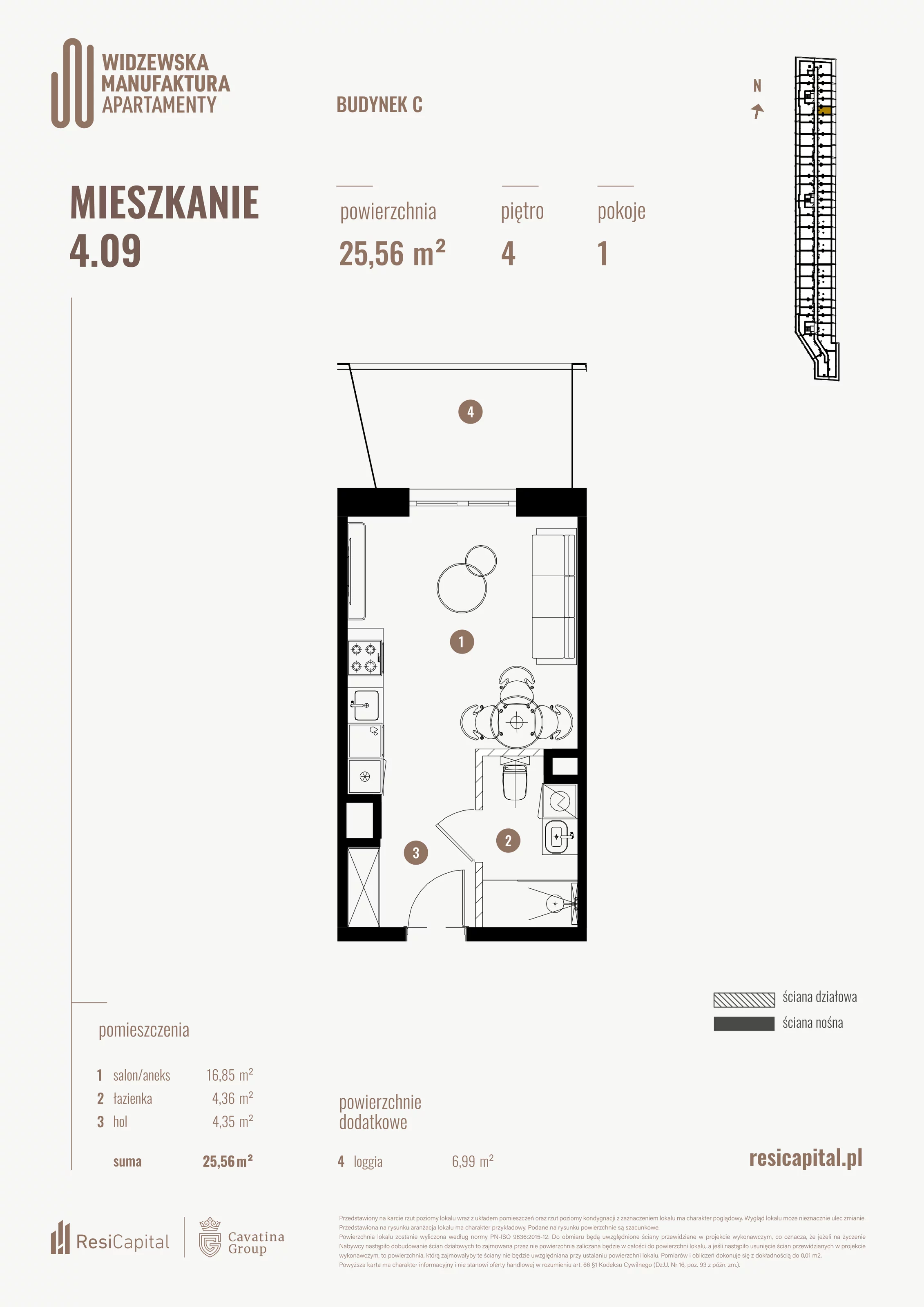 Mieszkanie 25,56 m², piętro 4, oferta nr 4.09., Wima Apartments, Łódź, Widzew, al. Piłsudskiego 135