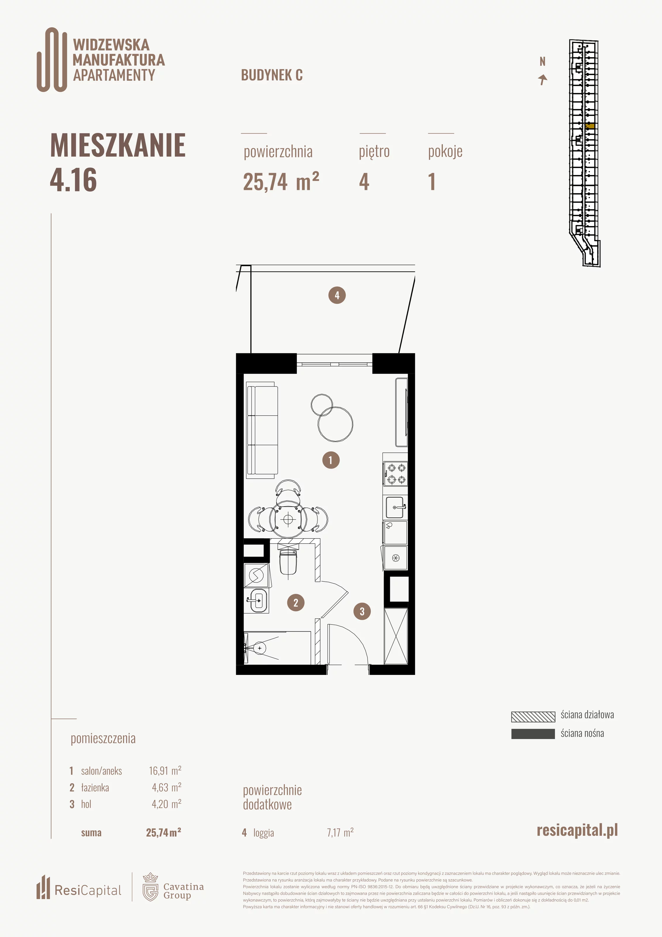 1 pokój, mieszkanie 25,74 m², piętro 4, oferta nr 4.16., Wima Apartments, Łódź, Widzew, al. Piłsudskiego 135