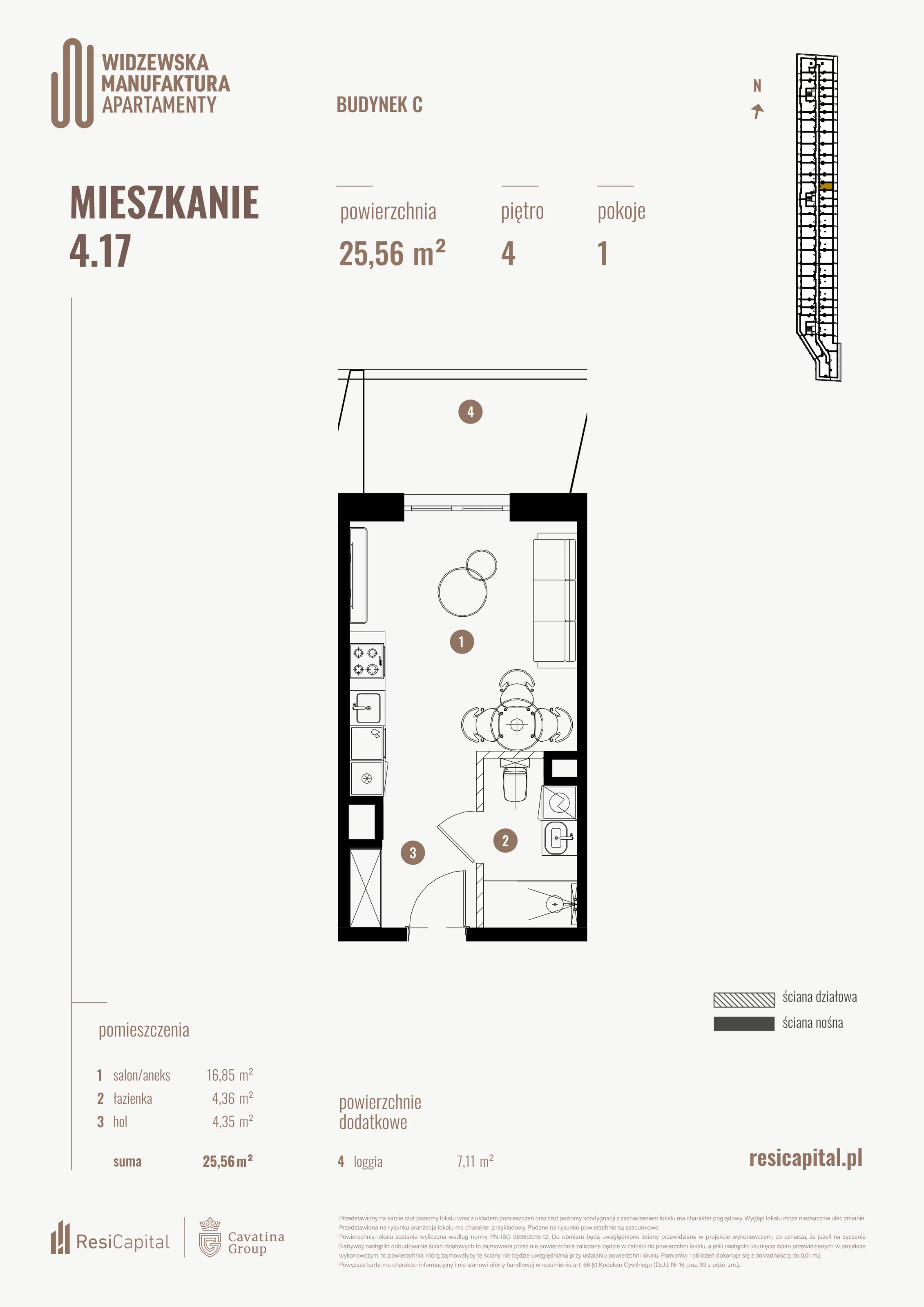 Mieszkanie 25,56 m², piętro 4, oferta nr 4.17., Wima Apartments, Łódź, Widzew, al. Piłsudskiego 135