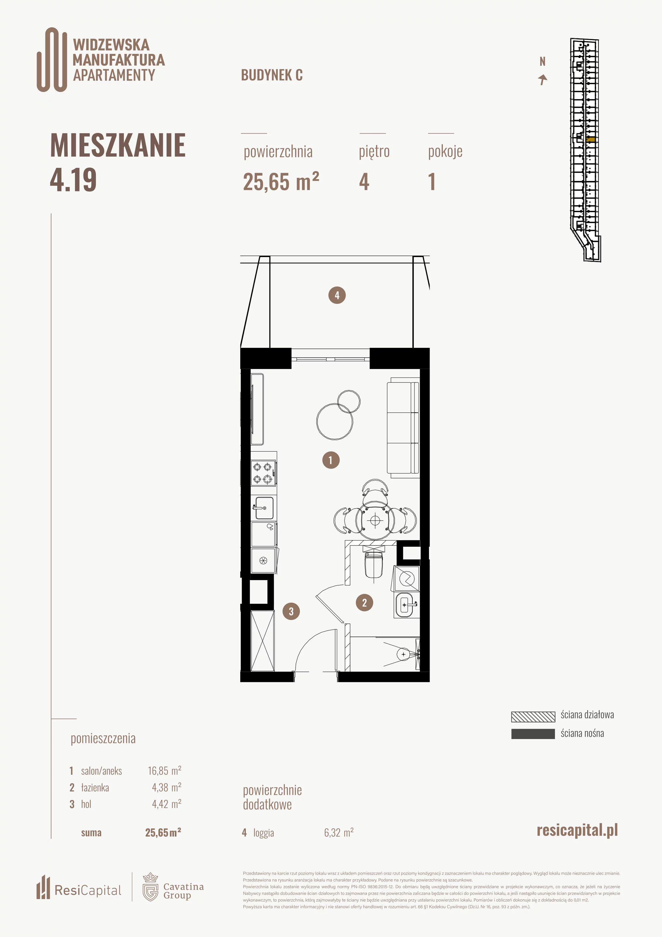 1 pokój, mieszkanie 25,65 m², piętro 4, oferta nr 4.19., Wima Apartments, Łódź, Widzew, al. Piłsudskiego 135