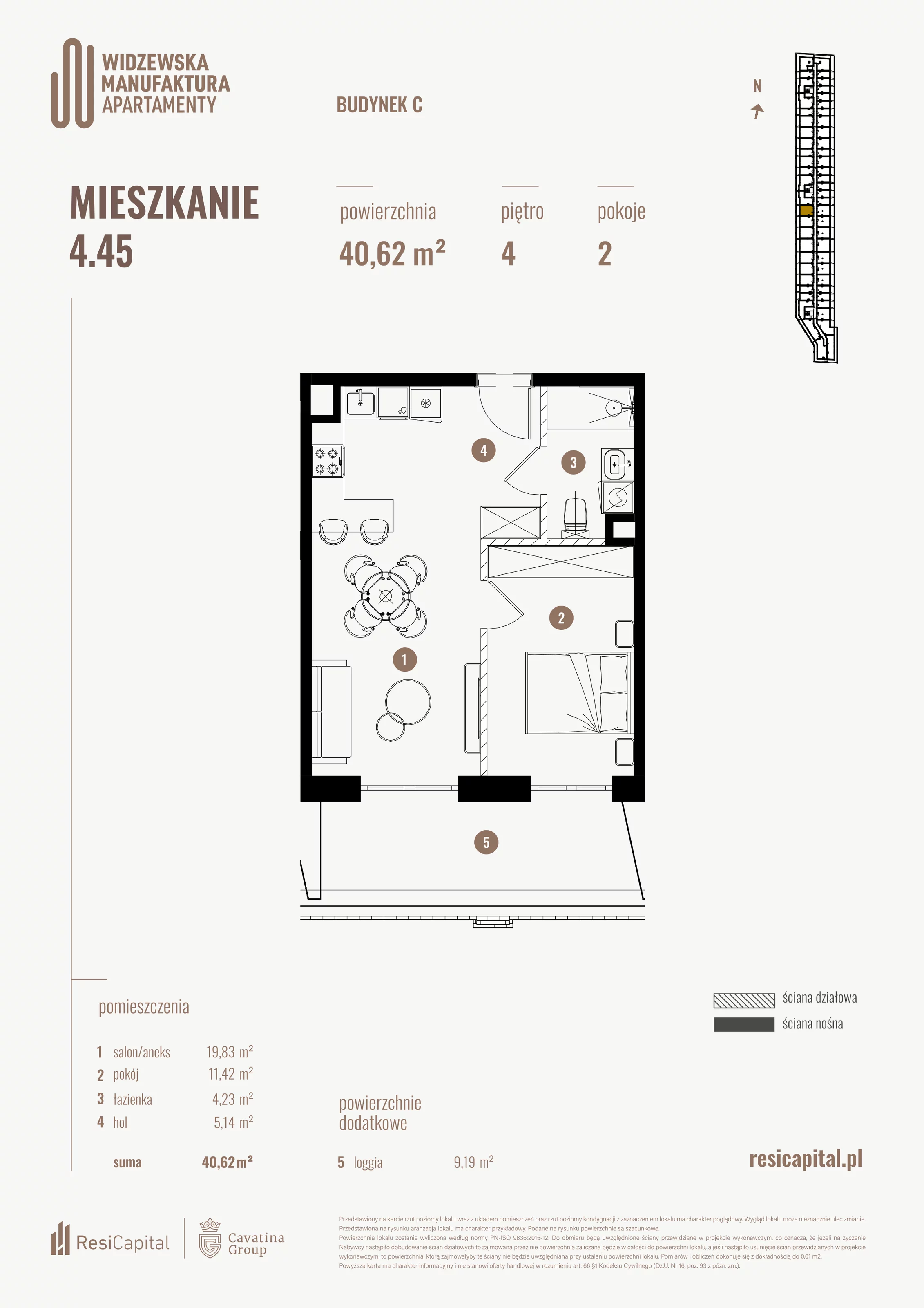 2 pokoje, mieszkanie 40,62 m², piętro 4, oferta nr 4.45., Wima Apartments, Łódź, Widzew, al. Piłsudskiego 135