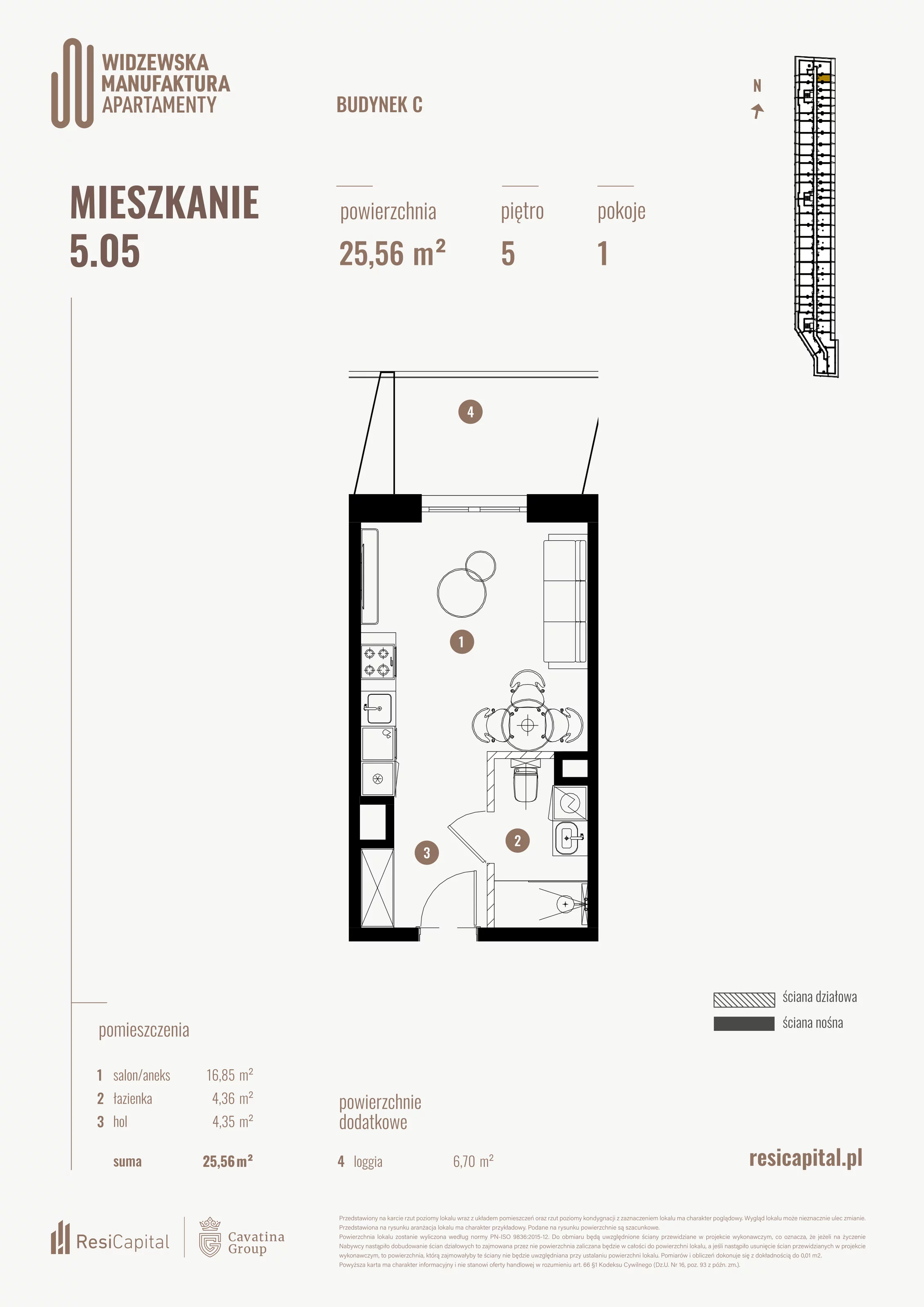 Mieszkanie 25,56 m², piętro 5, oferta nr 5.05., Wima Apartments, Łódź, Widzew, al. Piłsudskiego 135