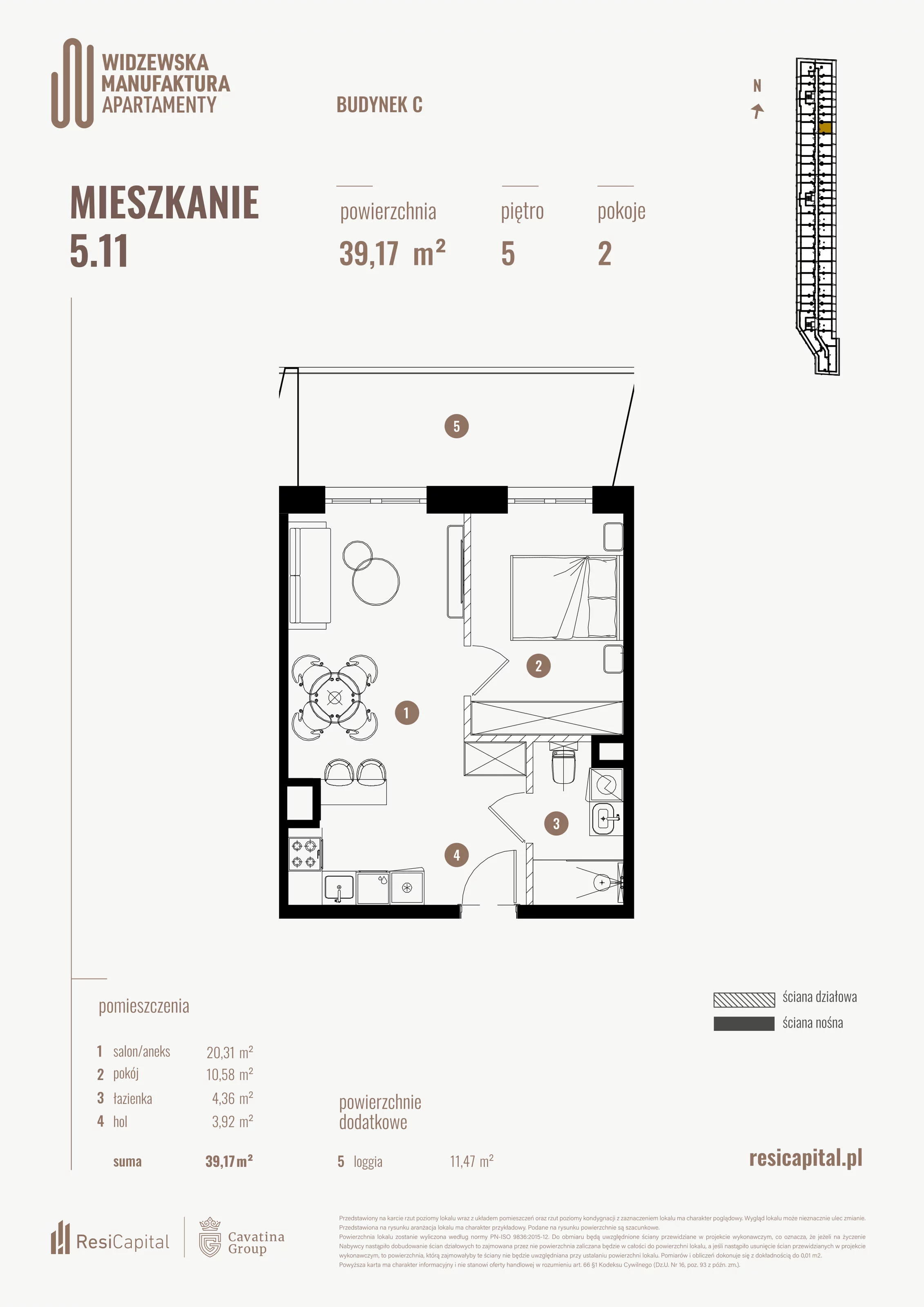 2 pokoje, mieszkanie 39,17 m², piętro 5, oferta nr 5.11., Wima Apartments, Łódź, Widzew, al. Piłsudskiego 135