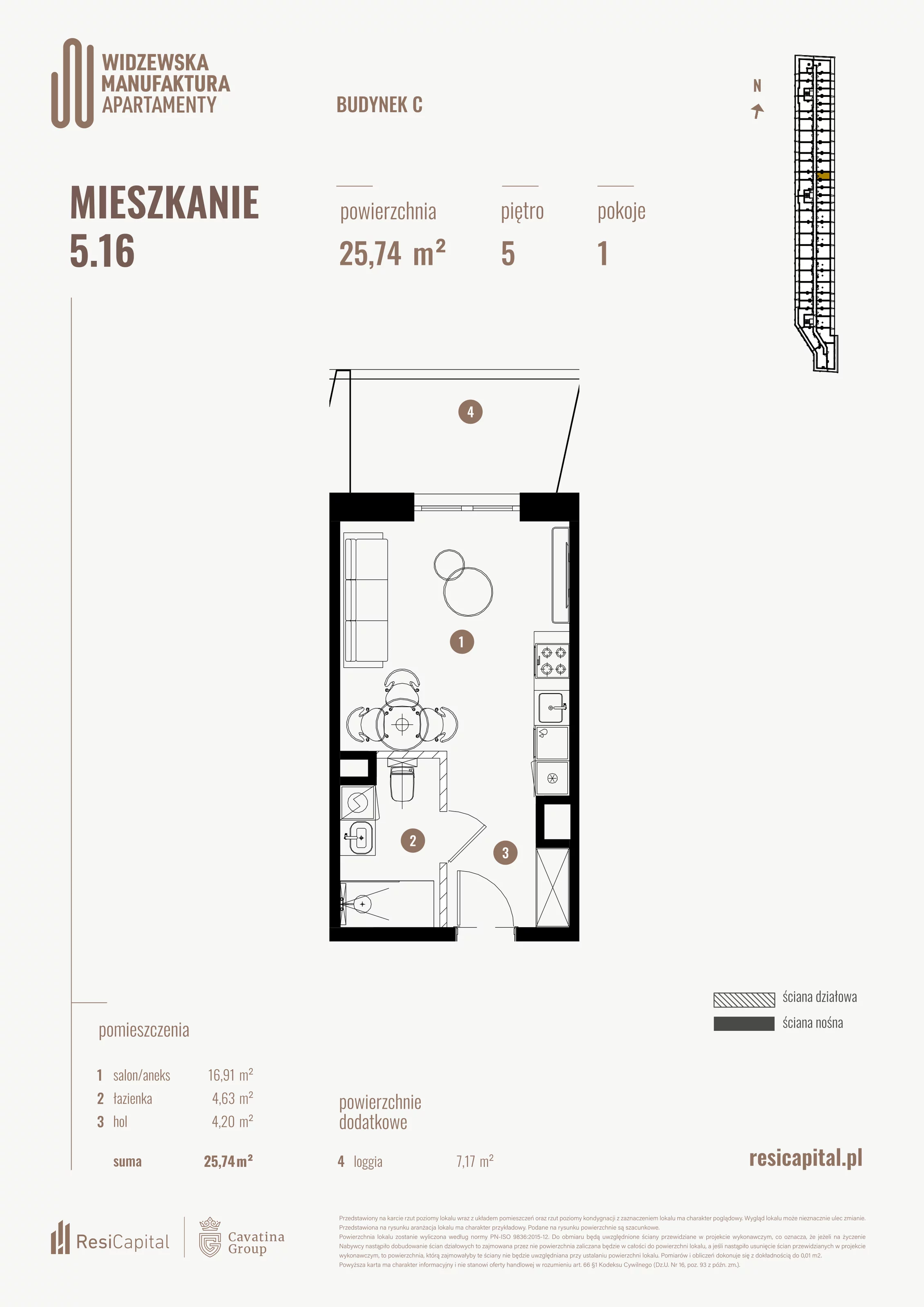 1 pokój, mieszkanie 25,74 m², piętro 5, oferta nr 5.16., Wima Apartments, Łódź, Widzew, al. Piłsudskiego 135
