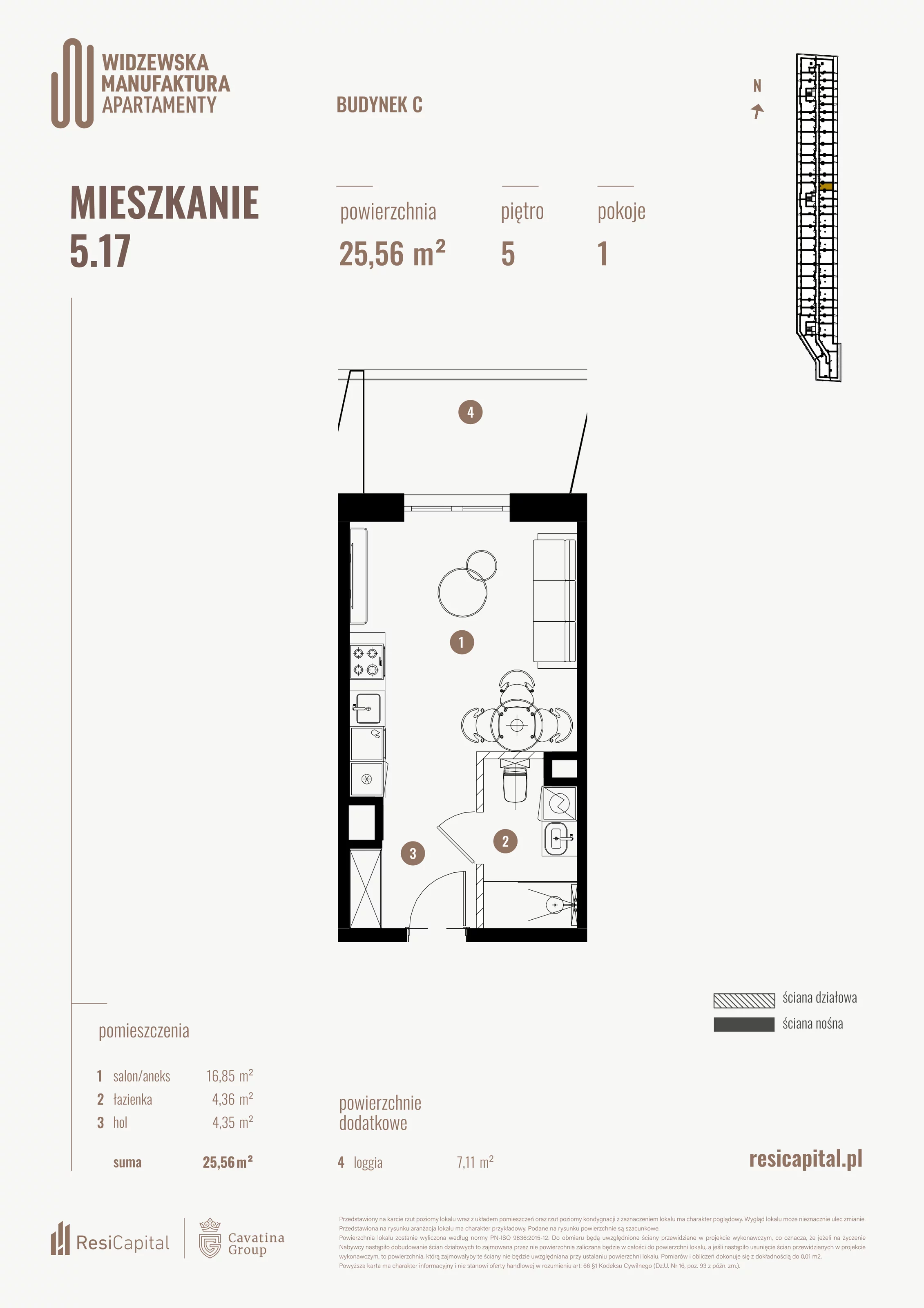 Mieszkanie 25,56 m², piętro 5, oferta nr 5.17., Wima Apartments, Łódź, Widzew, al. Piłsudskiego 135