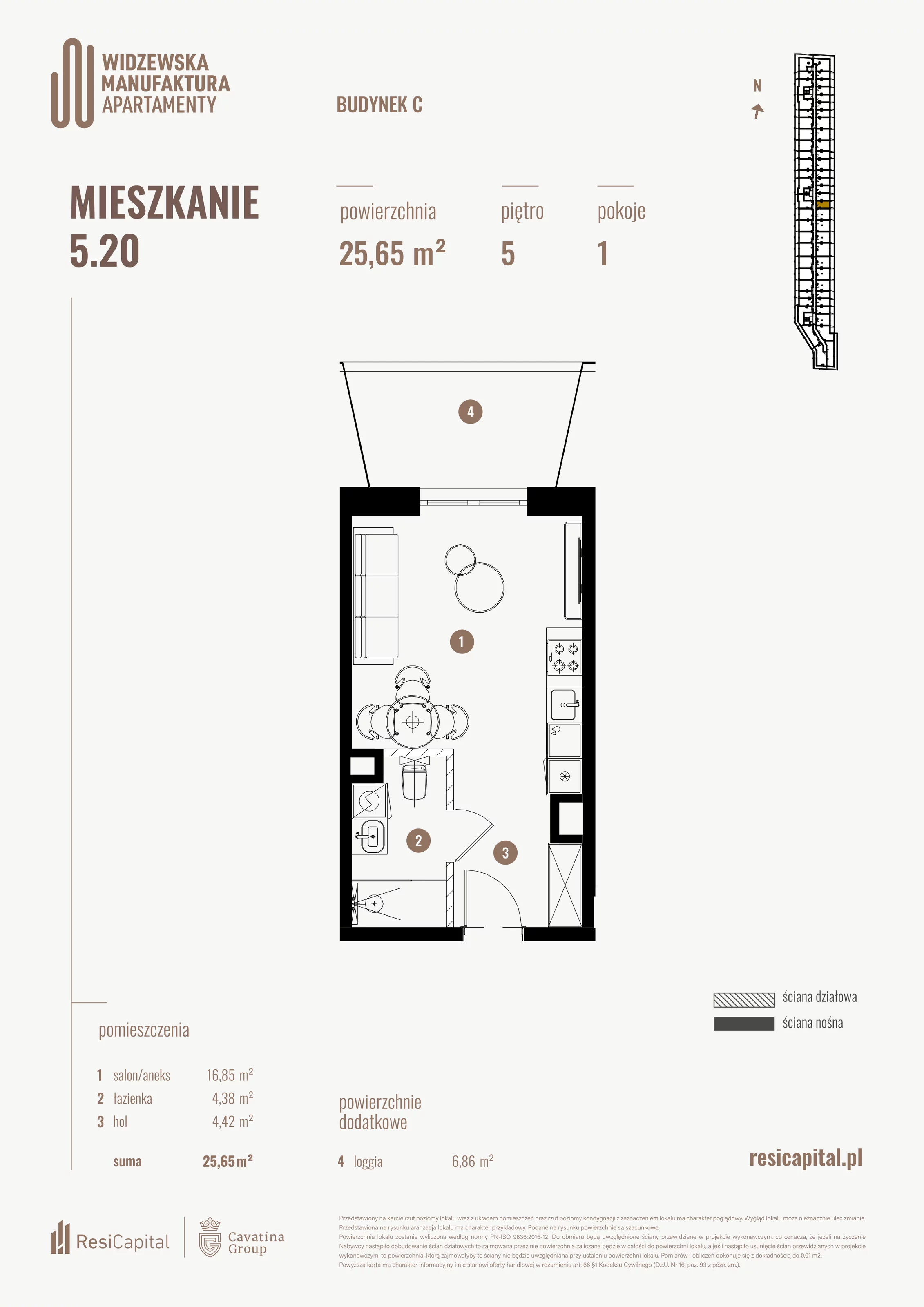 1 pokój, mieszkanie 25,65 m², piętro 5, oferta nr 5.20., Wima Apartments, Łódź, Widzew, al. Piłsudskiego 135