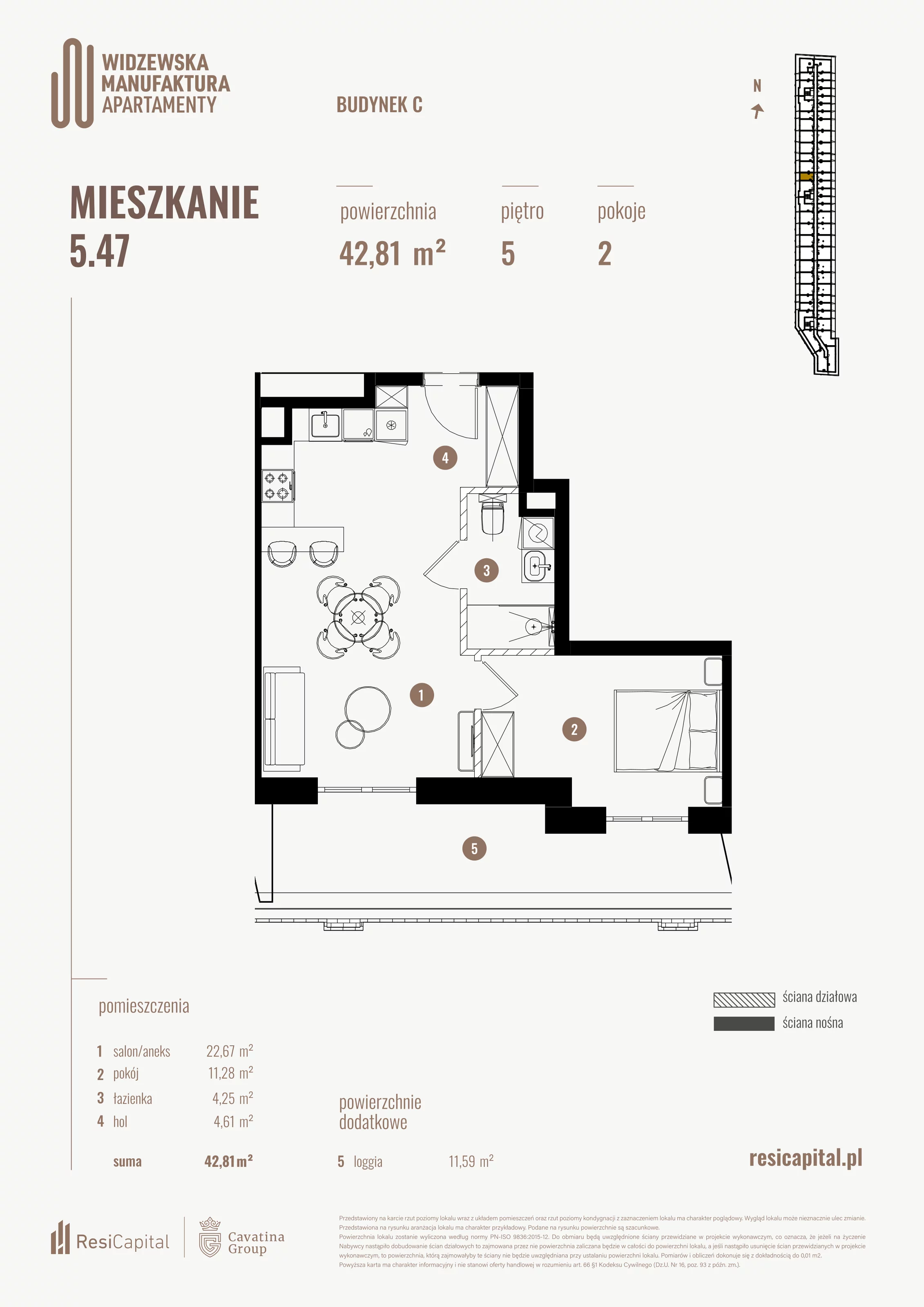 2 pokoje, mieszkanie 42,81 m², piętro 5, oferta nr 5.47., Wima Apartments, Łódź, Widzew, al. Piłsudskiego 135