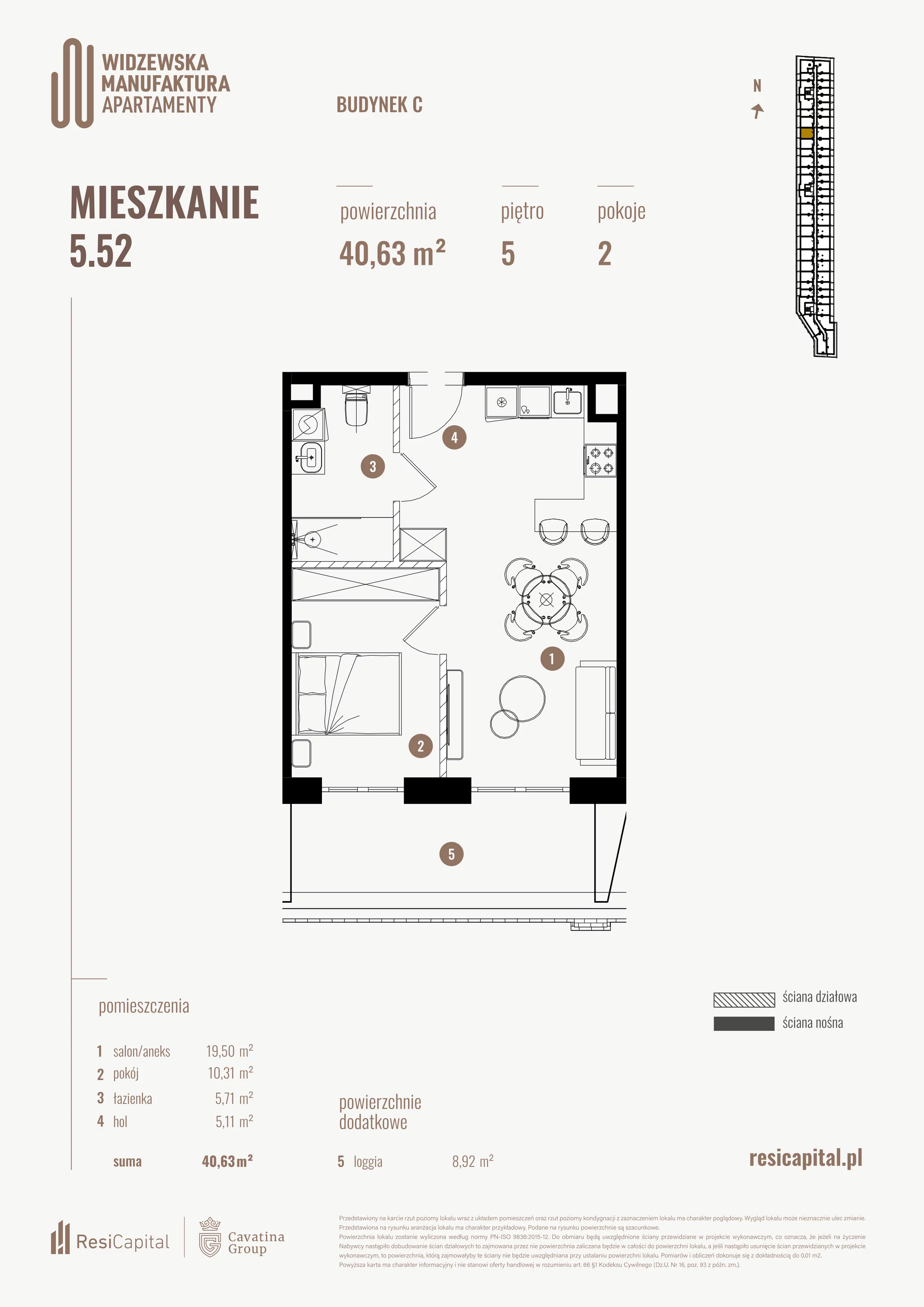 2 pokoje, mieszkanie 40,63 m², piętro 5, oferta nr 5.52., Wima Apartments, Łódź, Widzew, al. Piłsudskiego 135