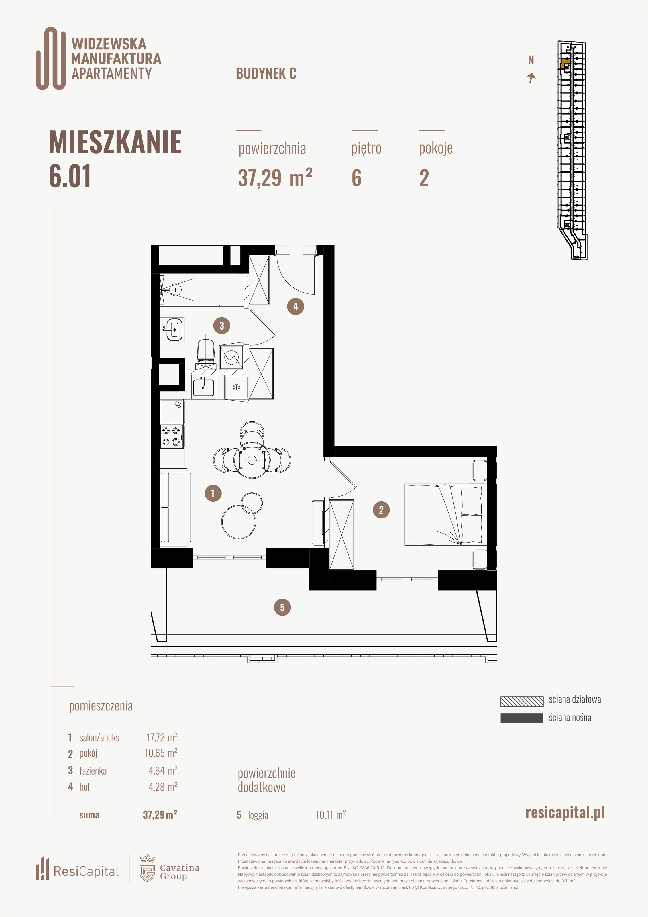2 pokoje, mieszkanie 37,29 m², piętro 6, oferta nr 6.01., Wima Apartments, Łódź, Widzew, al. Piłsudskiego 135