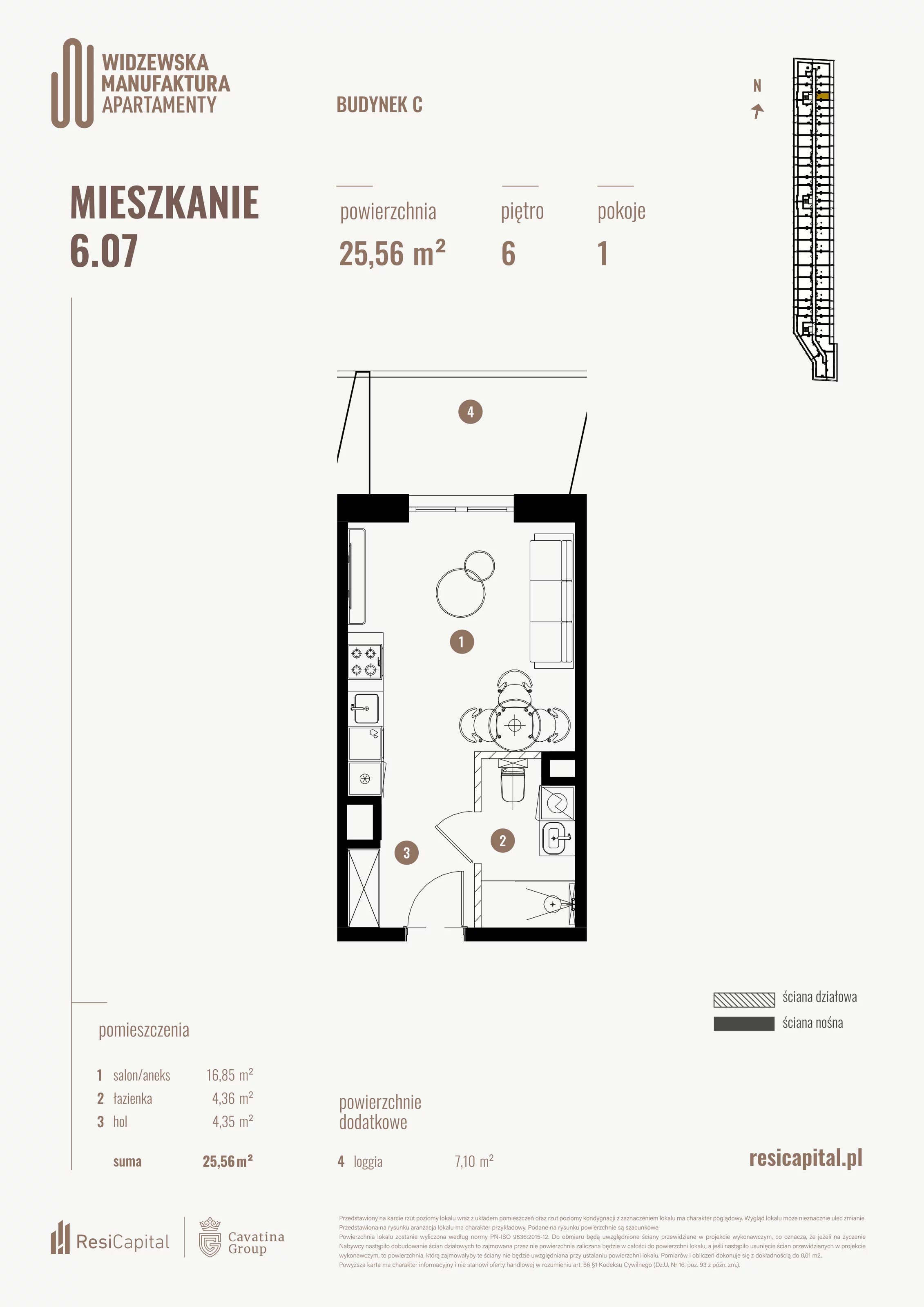 1 pokój, mieszkanie 25,56 m², piętro 6, oferta nr 6.07., Wima Apartments, Łódź, Widzew, al. Piłsudskiego 135
