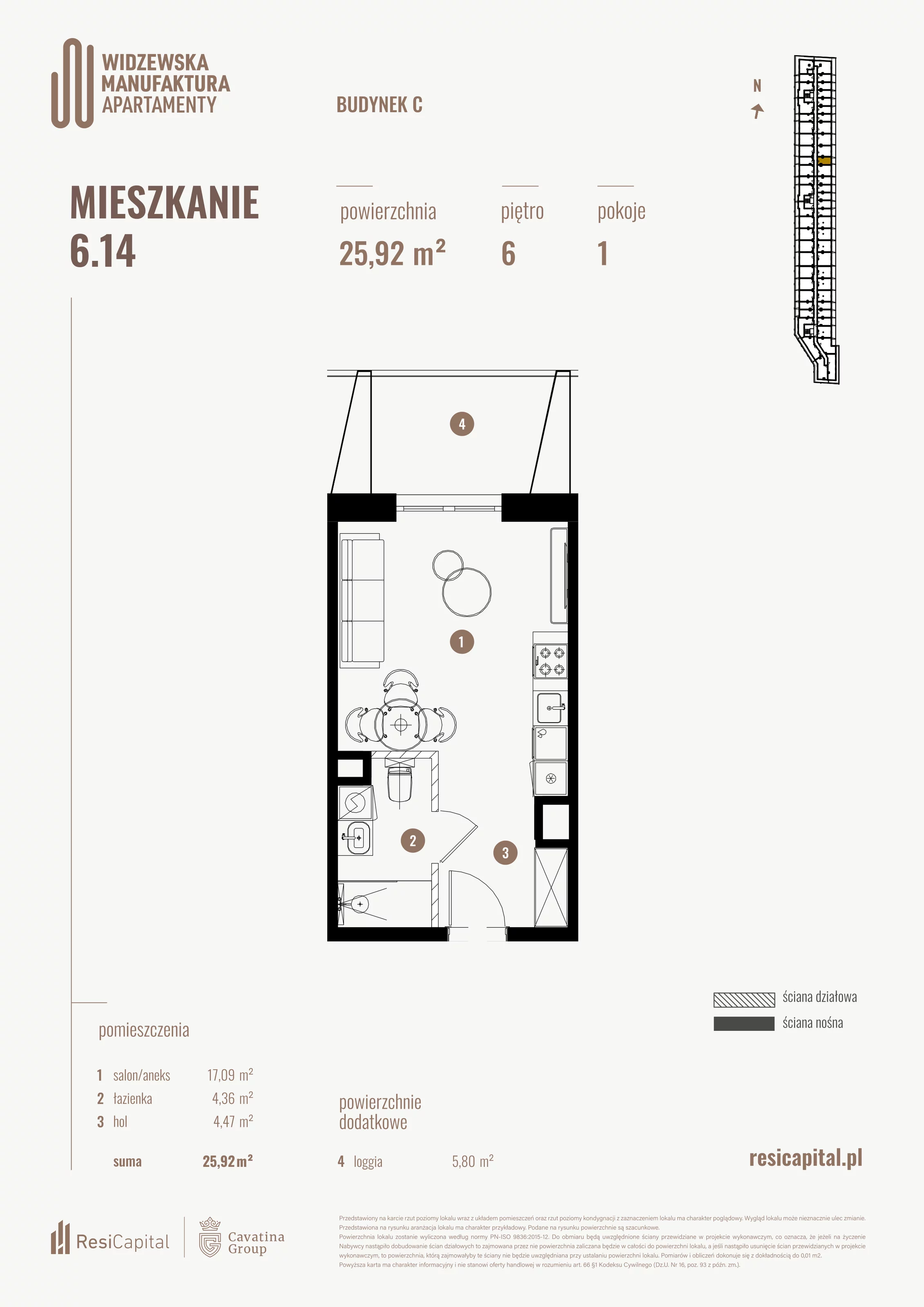 1 pokój, mieszkanie 25,92 m², piętro 6, oferta nr 6.14., Wima Apartments, Łódź, Widzew, al. Piłsudskiego 135