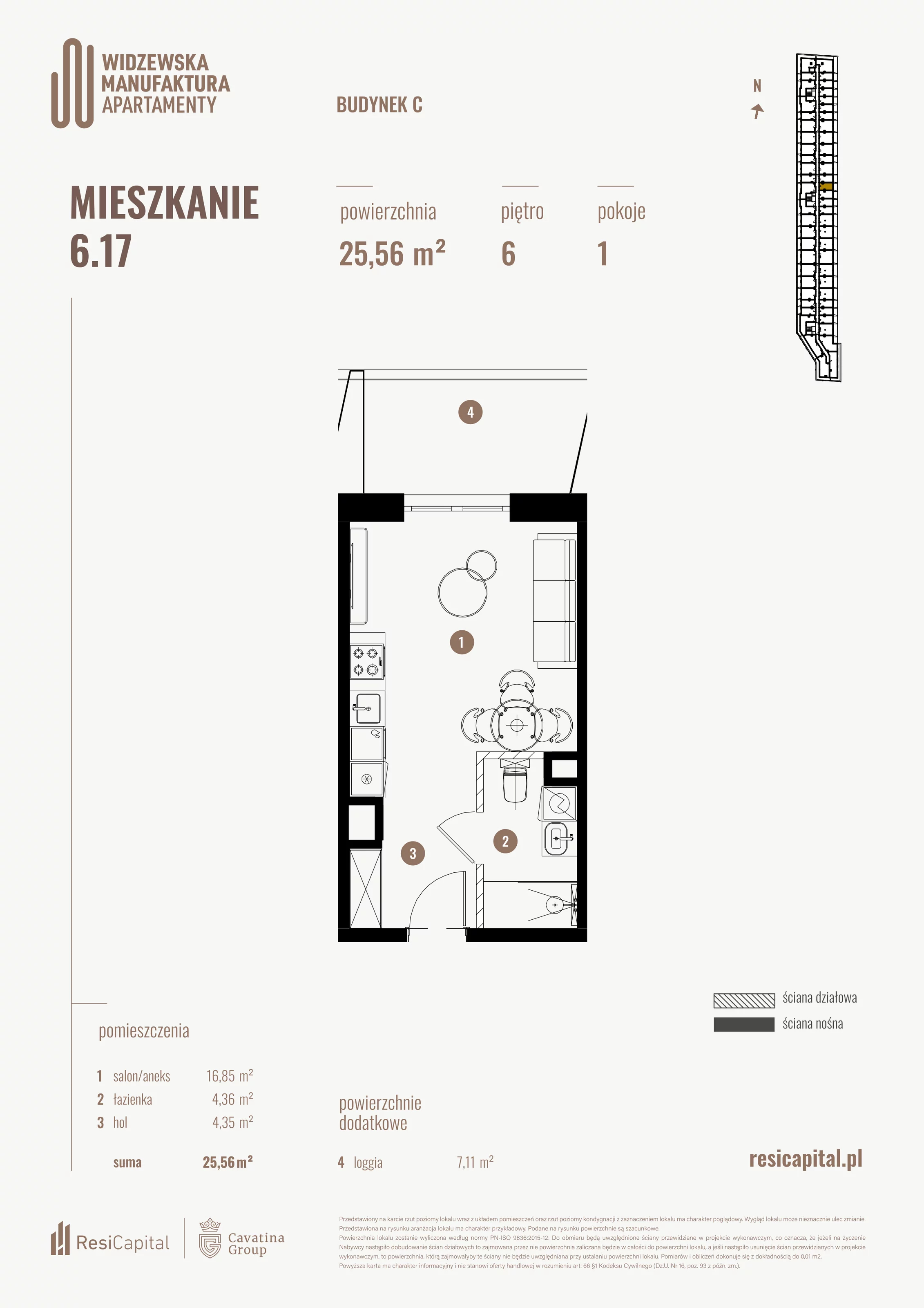 Mieszkanie 25,56 m², piętro 6, oferta nr 6.17., Wima Apartments, Łódź, Widzew, al. Piłsudskiego 135