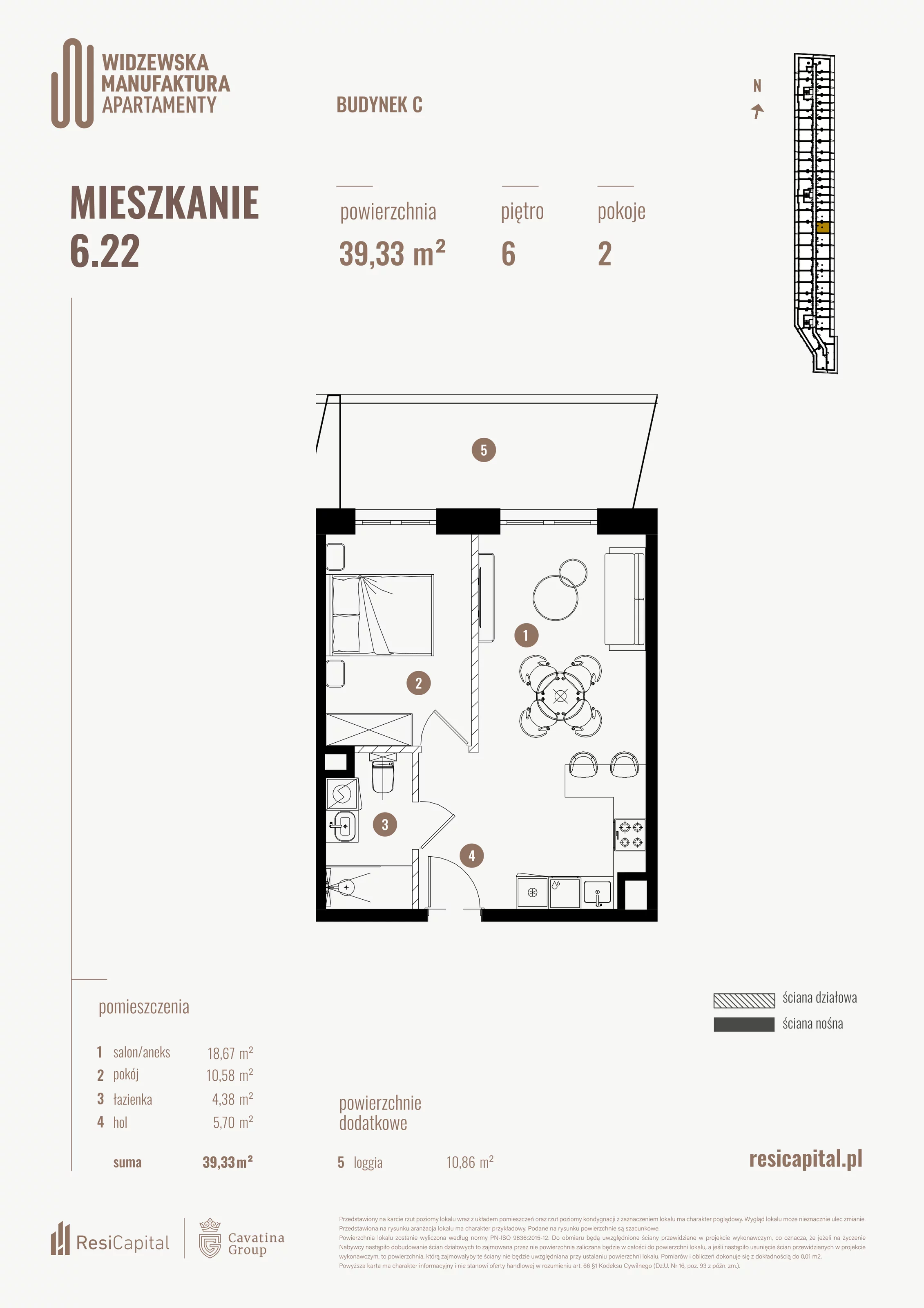 2 pokoje, mieszkanie 39,33 m², piętro 6, oferta nr 6.22., Wima Apartments, Łódź, Widzew, al. Piłsudskiego 135