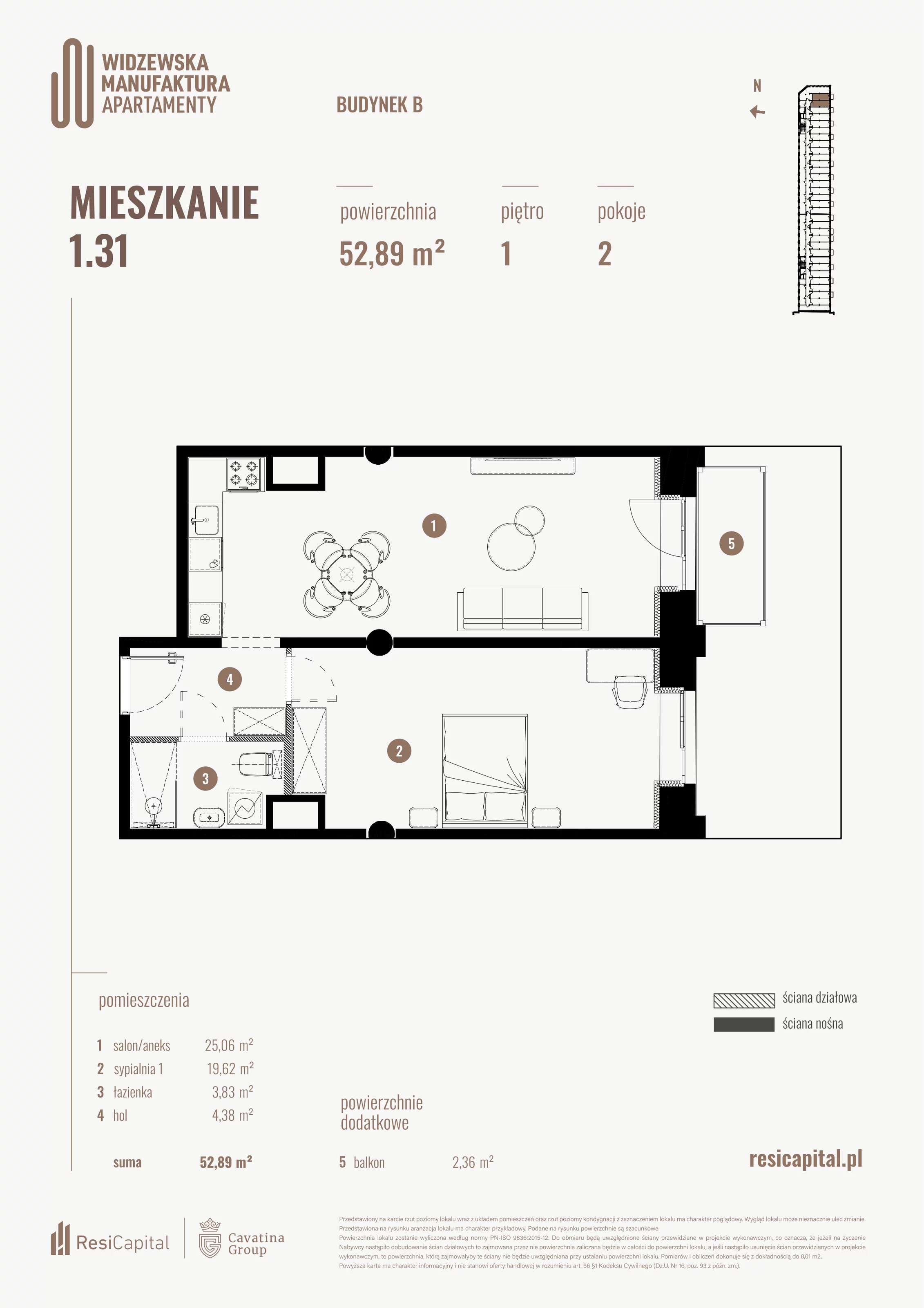 2 pokoje, mieszkanie 52,89 m², piętro 1, oferta nr B.01.31., Wima Apartments, Łódź, Widzew, al. Piłsudskiego 135