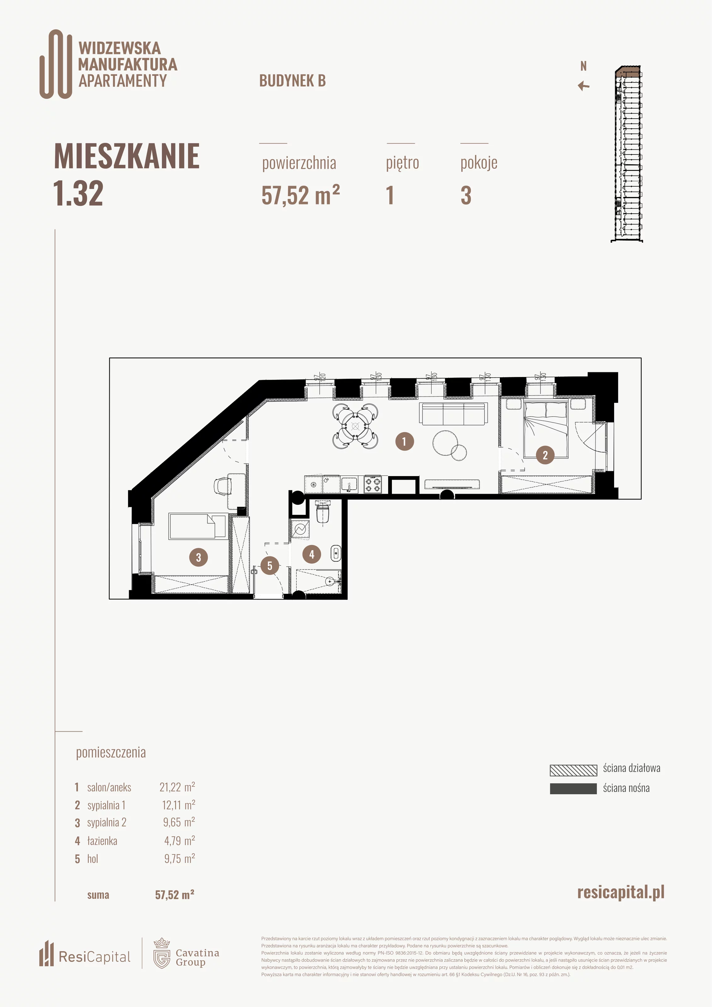 3 pokoje, mieszkanie 57,52 m², piętro 1, oferta nr B.01.32., Wima Apartments, Łódź, Widzew, al. Piłsudskiego 135