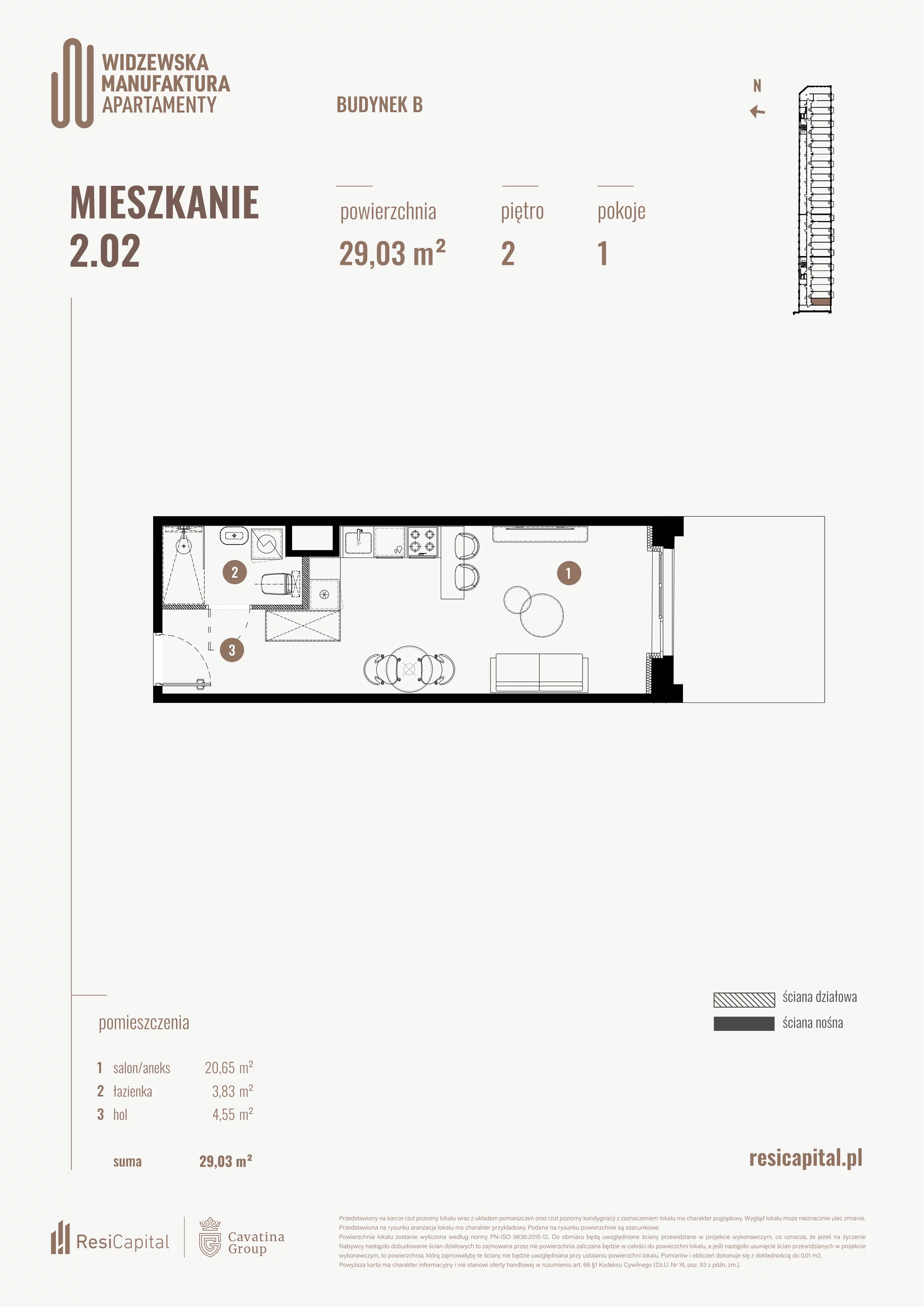 1 pokój, mieszkanie 29,03 m², piętro 2, oferta nr B.02.02., Wima Apartments, Łódź, Widzew, al. Piłsudskiego 135