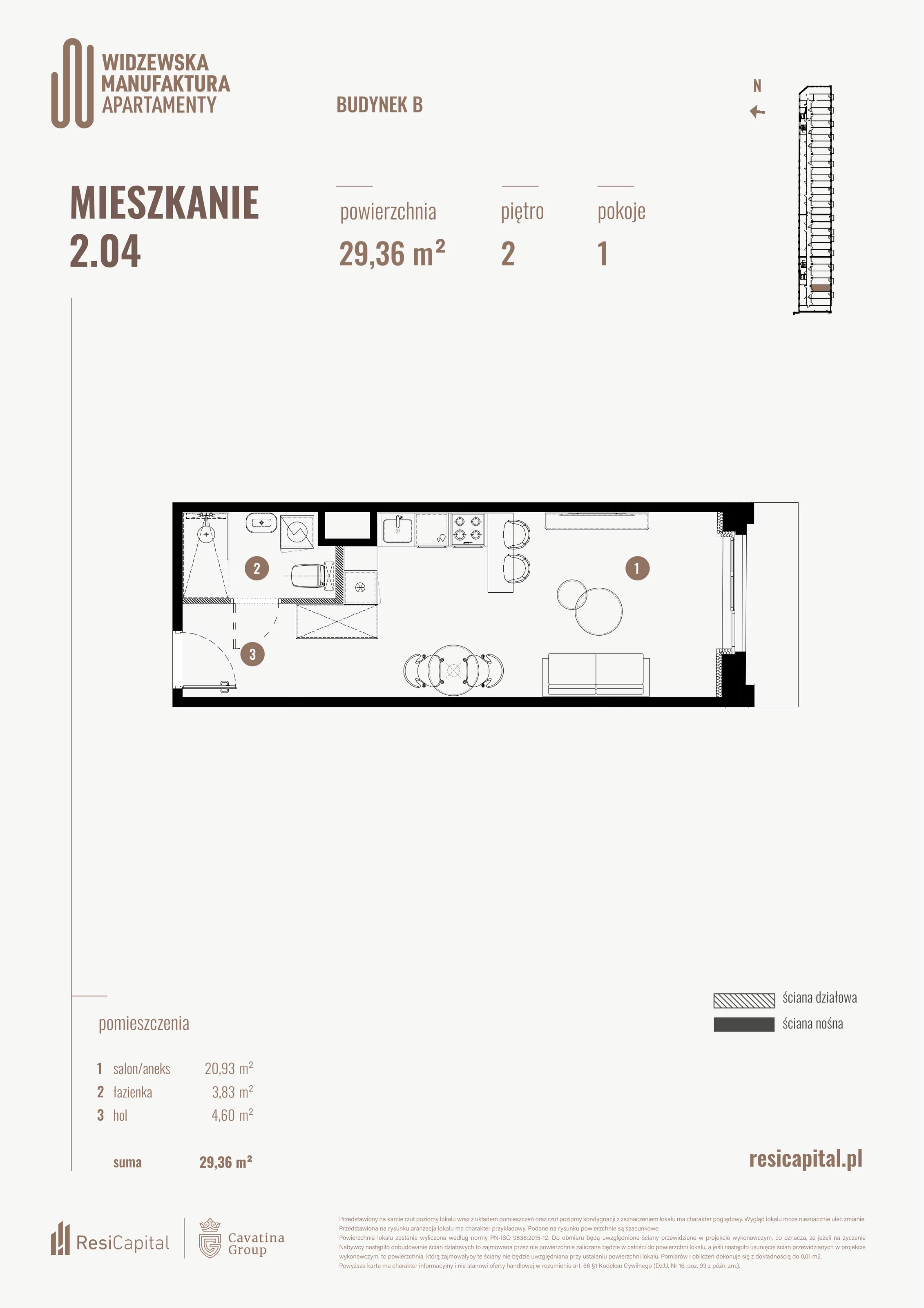 1 pokój, mieszkanie 29,36 m², piętro 2, oferta nr B.02.04., Wima Apartments, Łódź, Widzew, al. Piłsudskiego 135