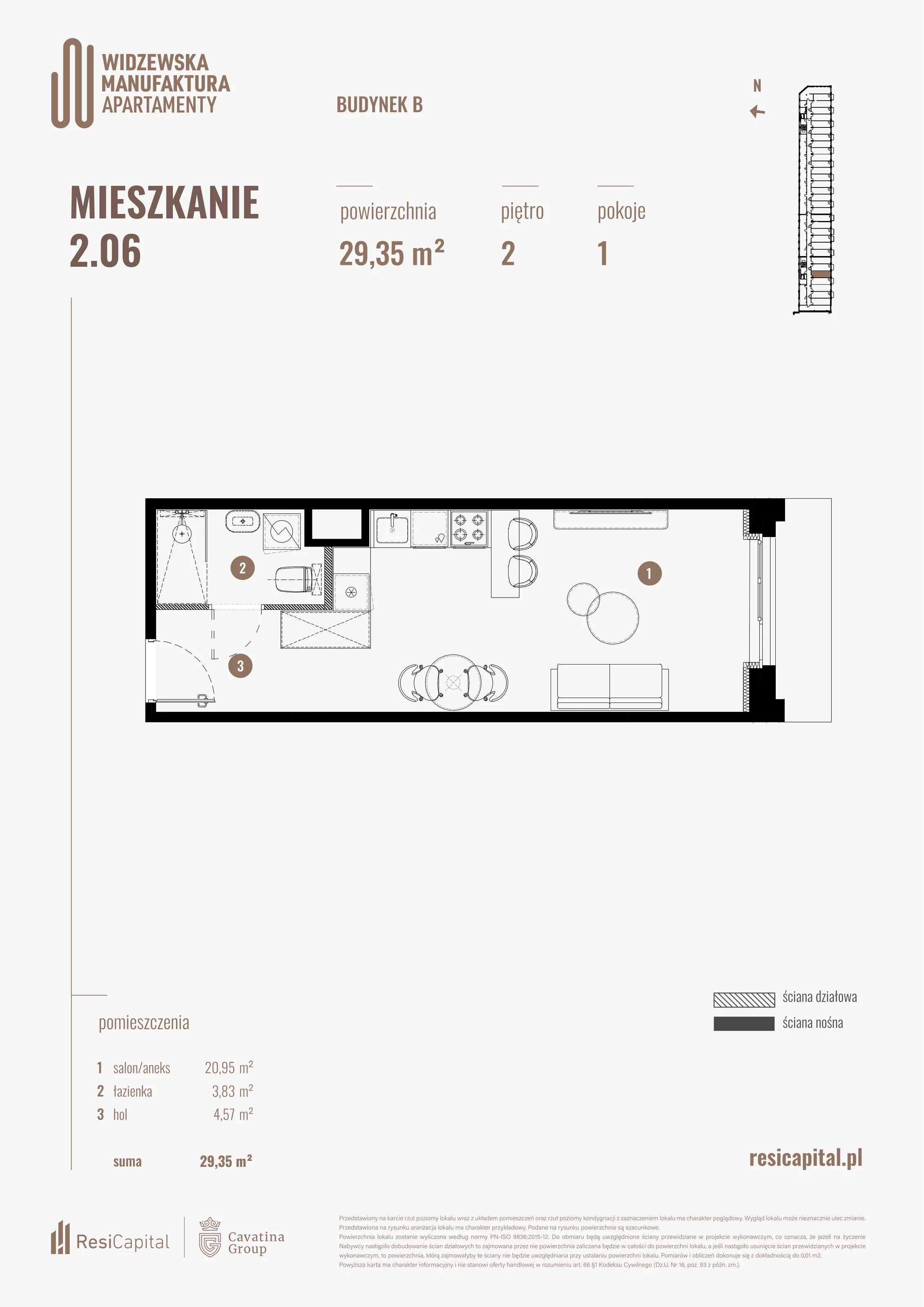 1 pokój, mieszkanie 29,35 m², piętro 2, oferta nr B.02.06., Wima Apartments, Łódź, Widzew, al. Piłsudskiego 135