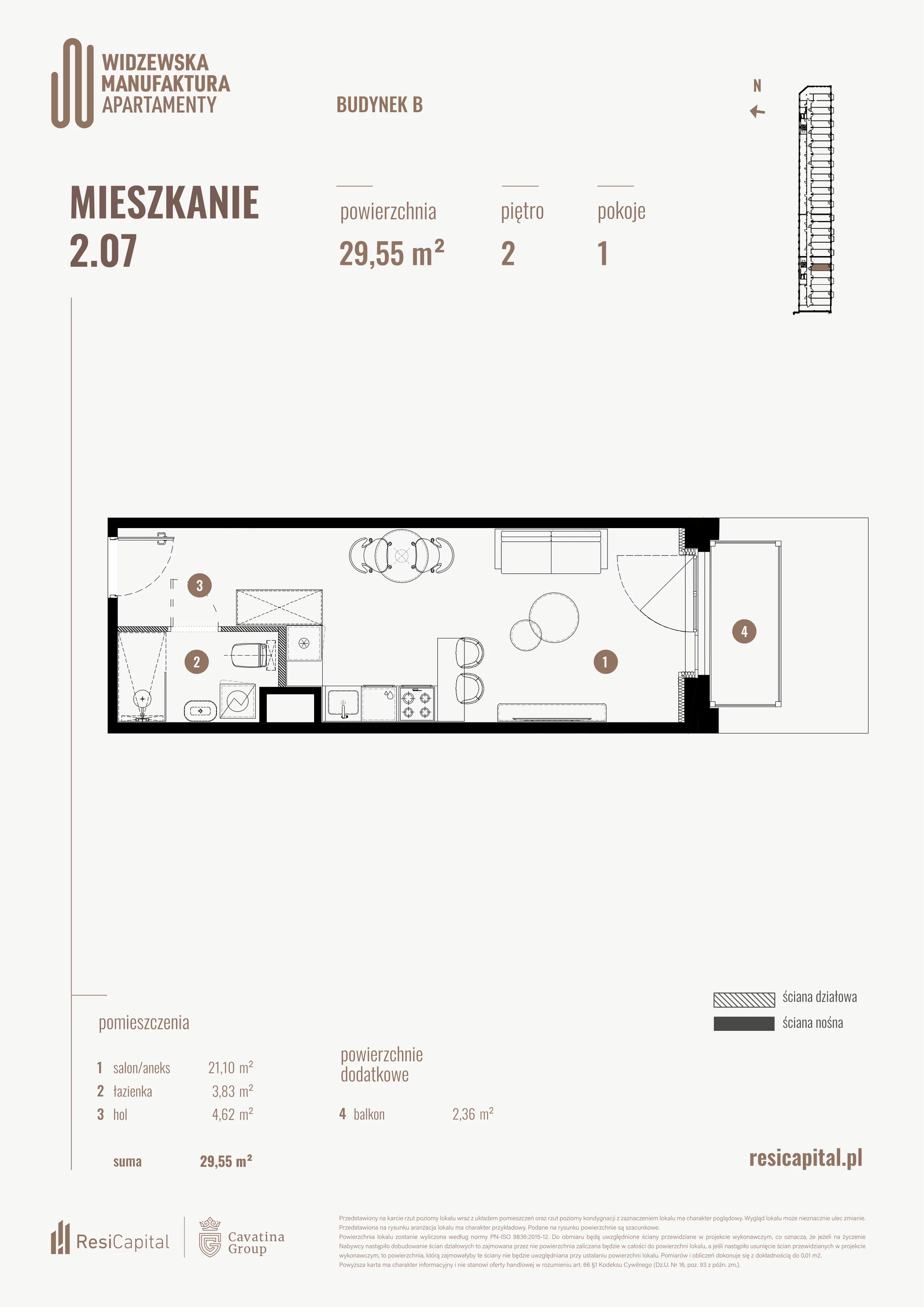 1 pokój, mieszkanie 29,55 m², piętro 2, oferta nr B.02.07., Wima Apartments, Łódź, Widzew, al. Piłsudskiego 135