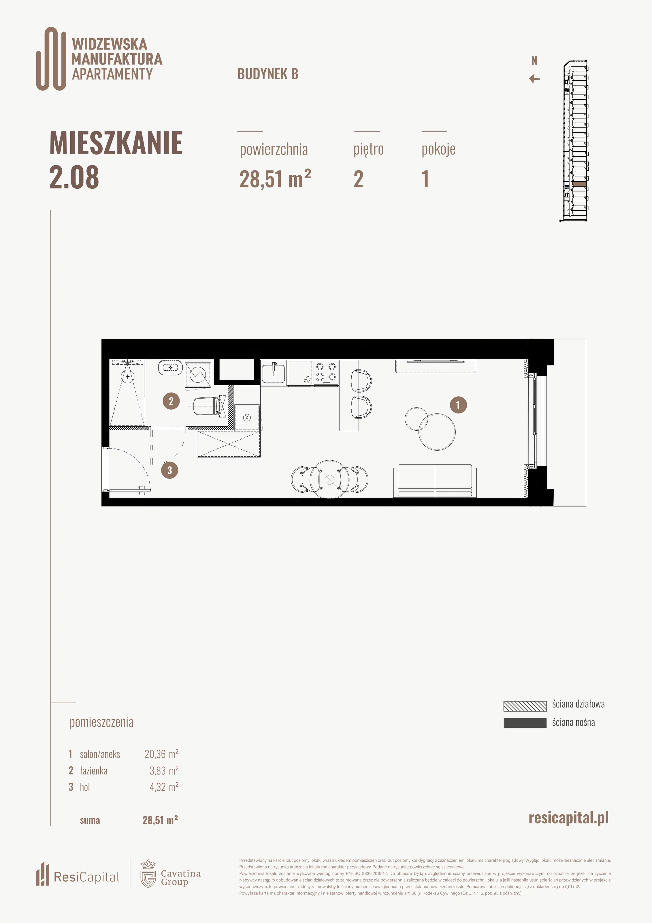 1 pokój, mieszkanie 28,51 m², piętro 2, oferta nr B.02.08., Wima Apartments, Łódź, Widzew, al. Piłsudskiego 135
