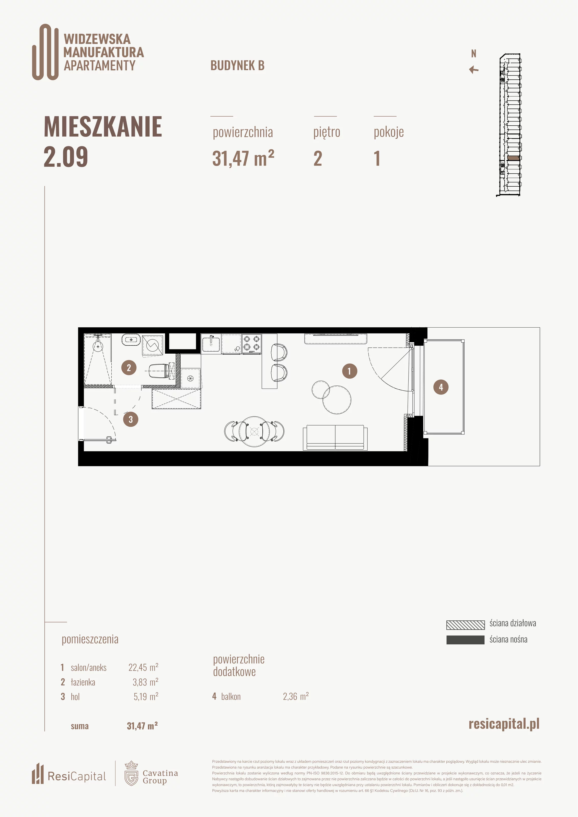 1 pokój, mieszkanie 31,47 m², piętro 2, oferta nr B.02.09., Wima Apartments, Łódź, Widzew, al. Piłsudskiego 135