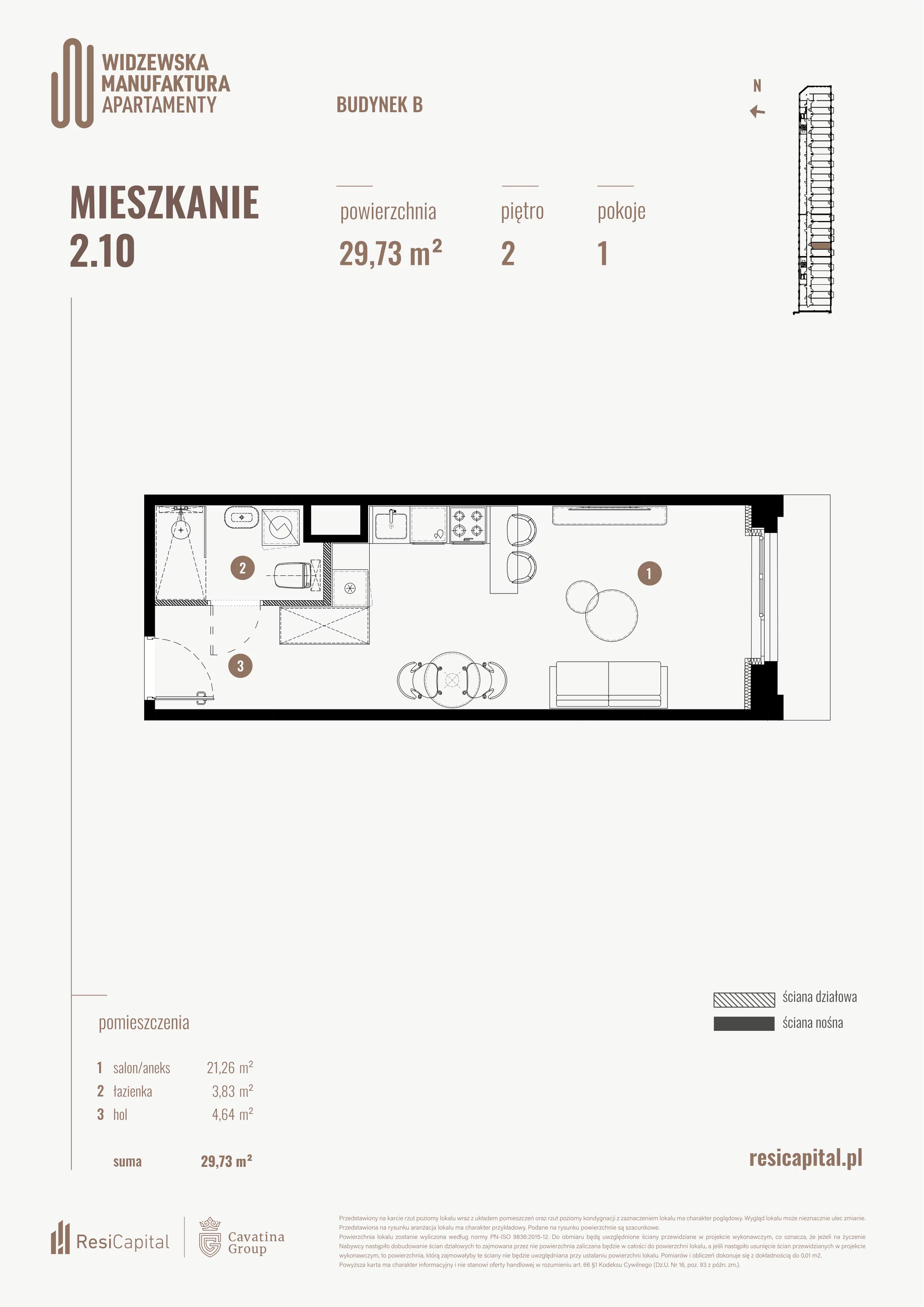 1 pokój, mieszkanie 29,73 m², piętro 2, oferta nr B.02.10., Wima Apartments, Łódź, Widzew, al. Piłsudskiego 135