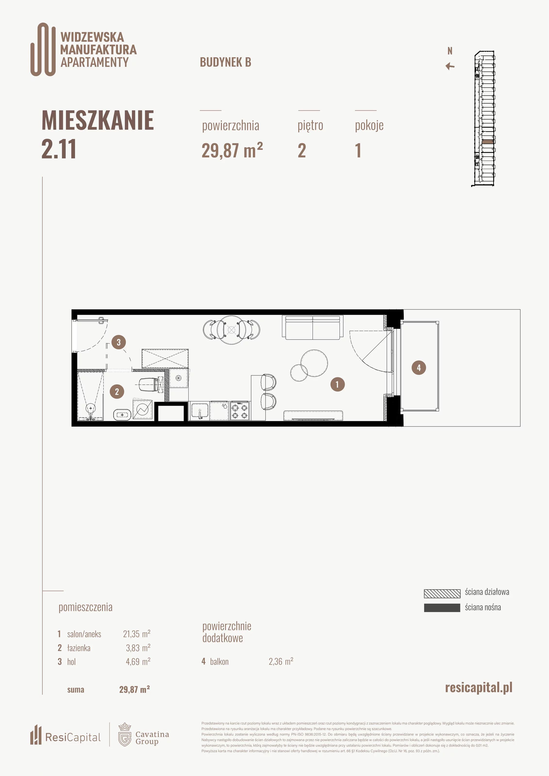1 pokój, mieszkanie 29,87 m², piętro 2, oferta nr B.02.11., Wima Apartments, Łódź, Widzew, al. Piłsudskiego 135