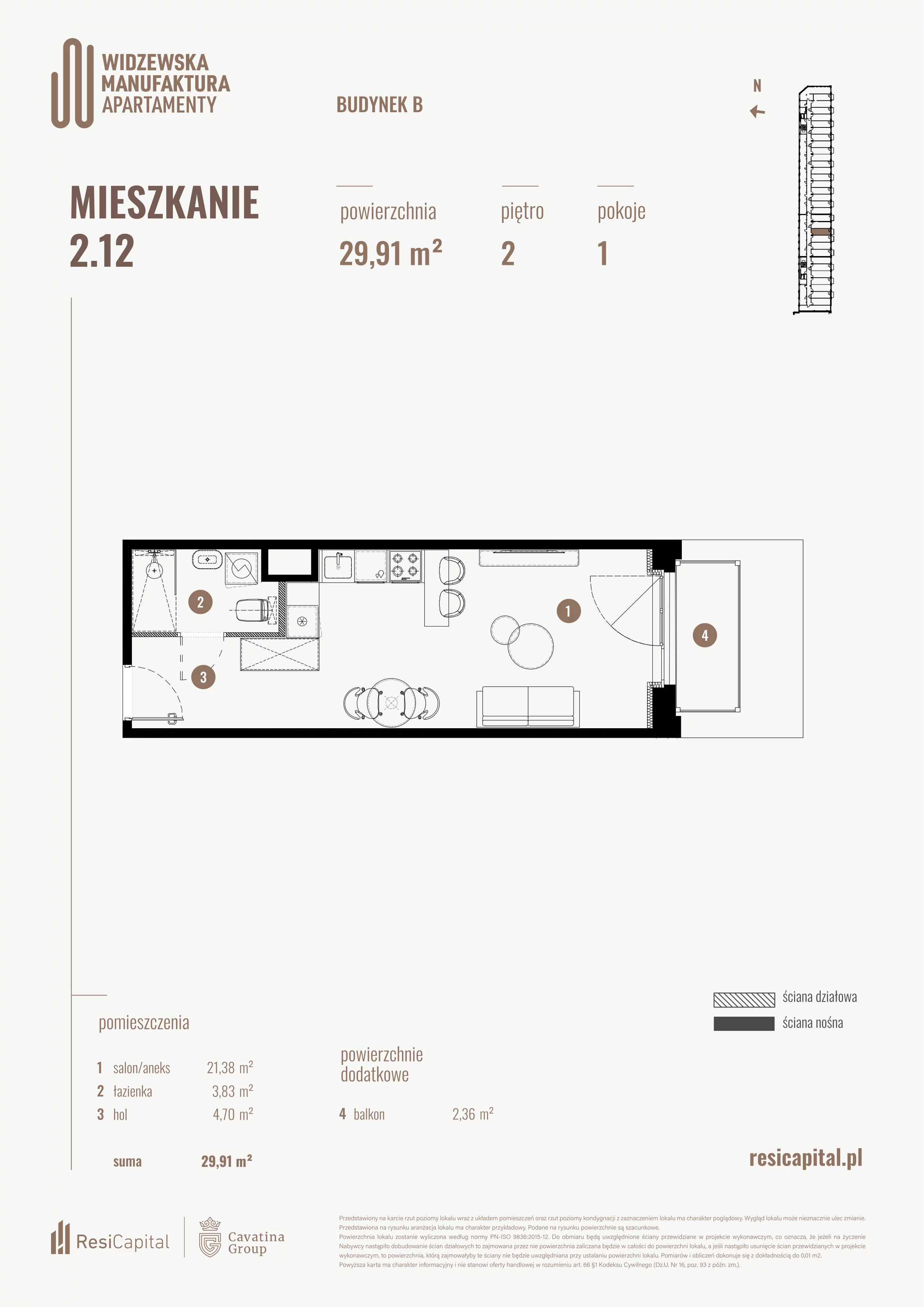1 pokój, mieszkanie 29,91 m², piętro 2, oferta nr B.02.12., Wima Apartments, Łódź, Widzew, al. Piłsudskiego 135