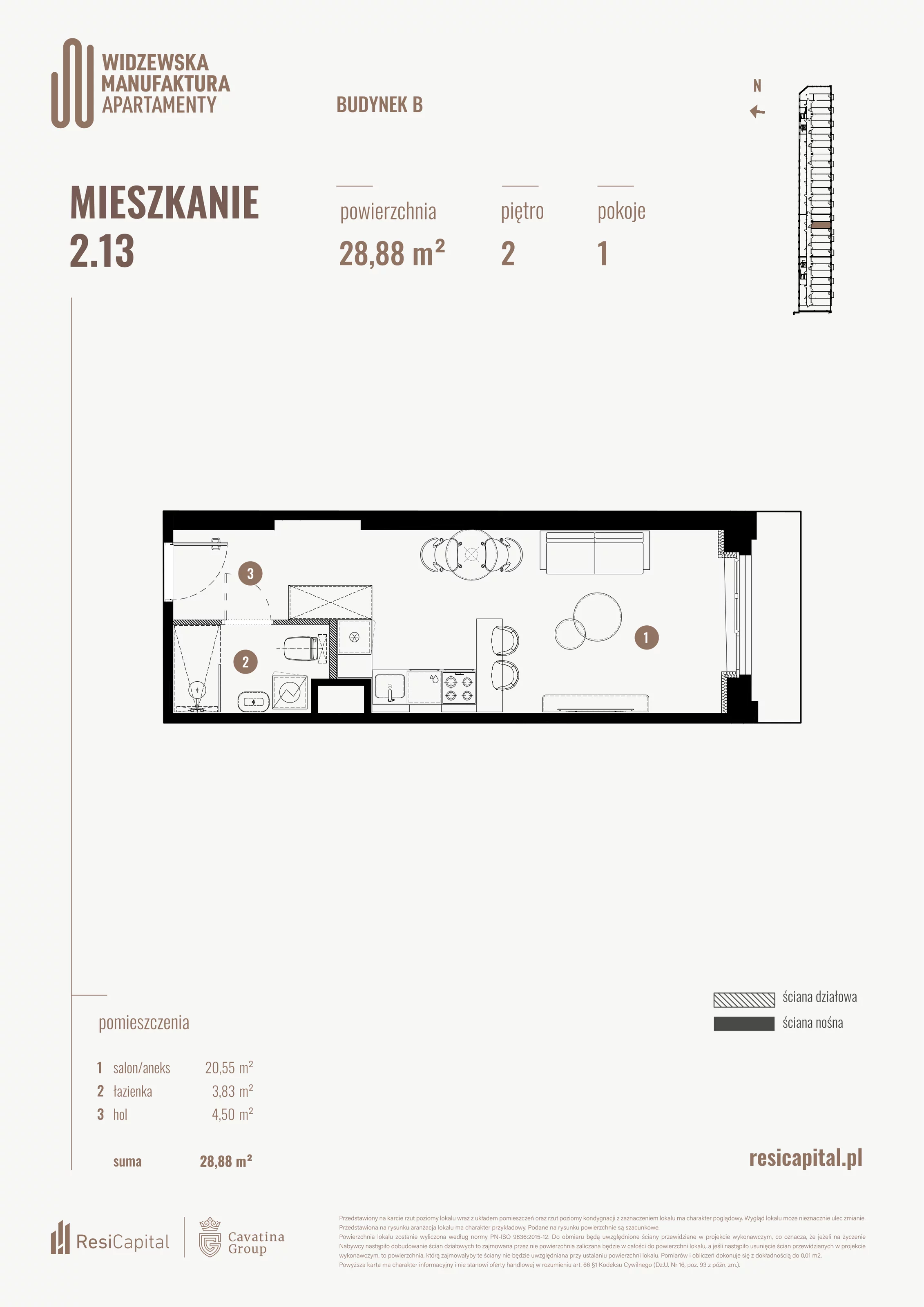 1 pokój, mieszkanie 28,88 m², piętro 2, oferta nr B.02.13., Wima Apartments, Łódź, Widzew, al. Piłsudskiego 135