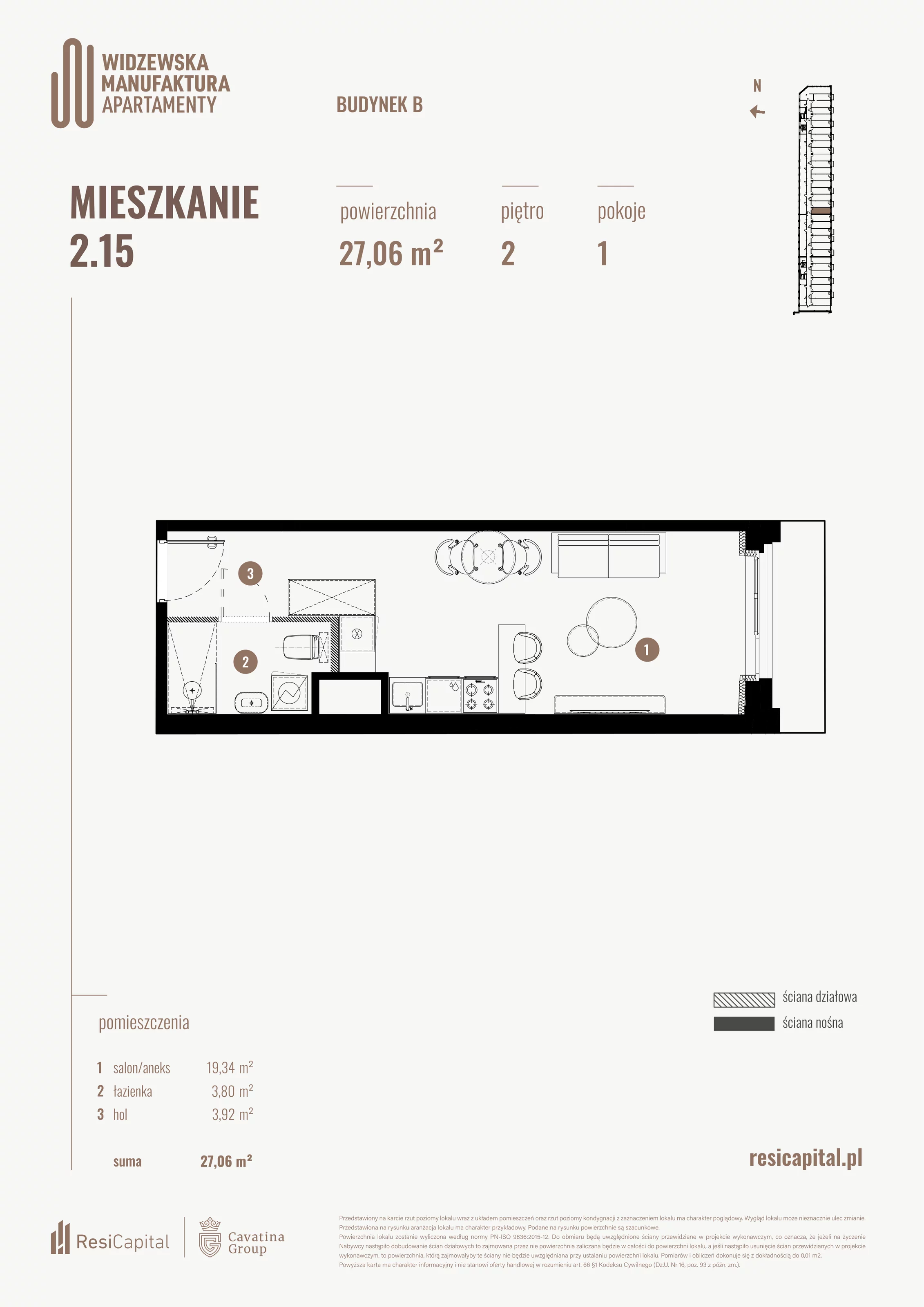 1 pokój, mieszkanie 27,06 m², piętro 2, oferta nr B.02.15., Wima Apartments, Łódź, Widzew, al. Piłsudskiego 135