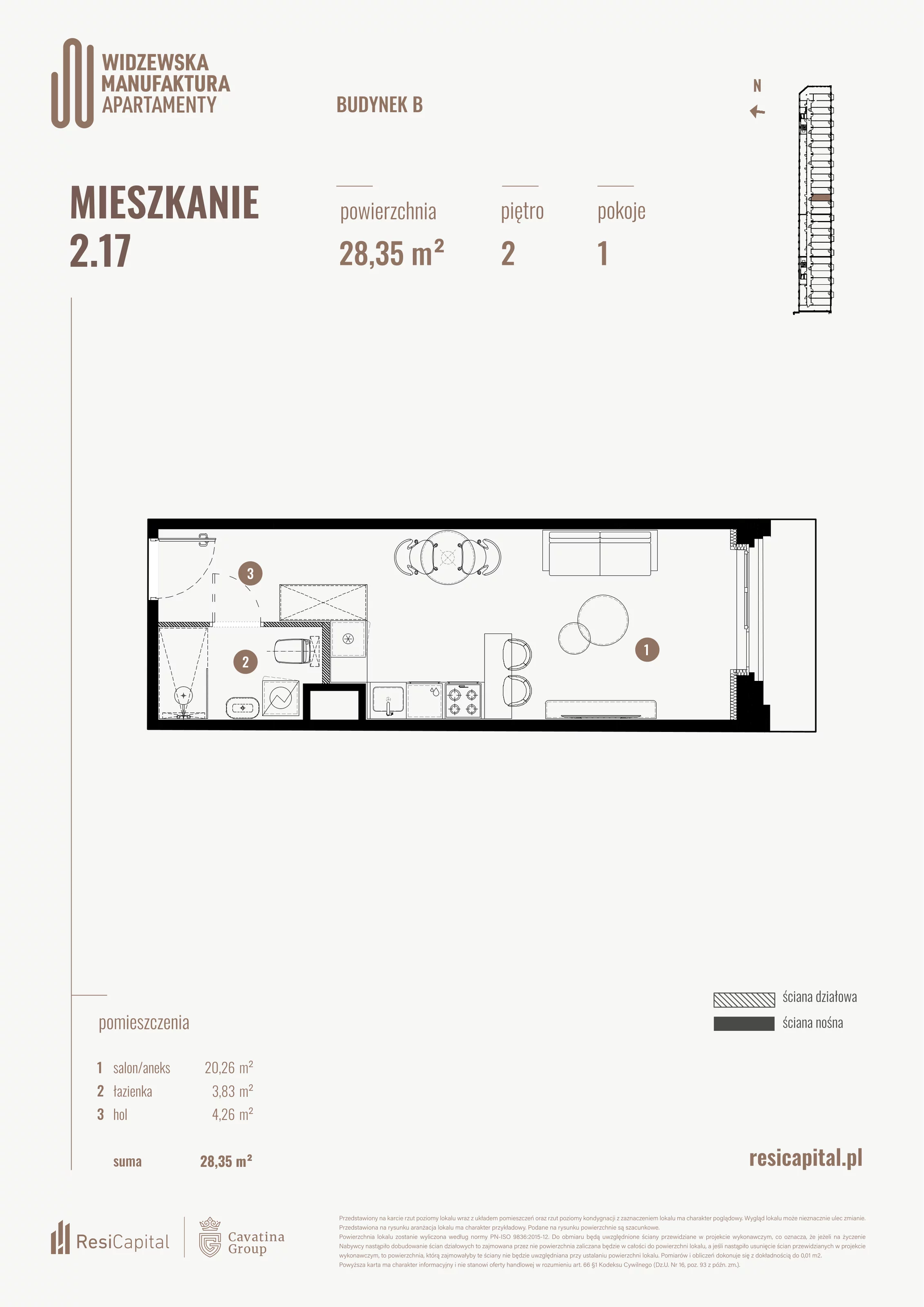 1 pokój, mieszkanie 28,35 m², piętro 2, oferta nr B.02.17., Wima Apartments, Łódź, Widzew, al. Piłsudskiego 135