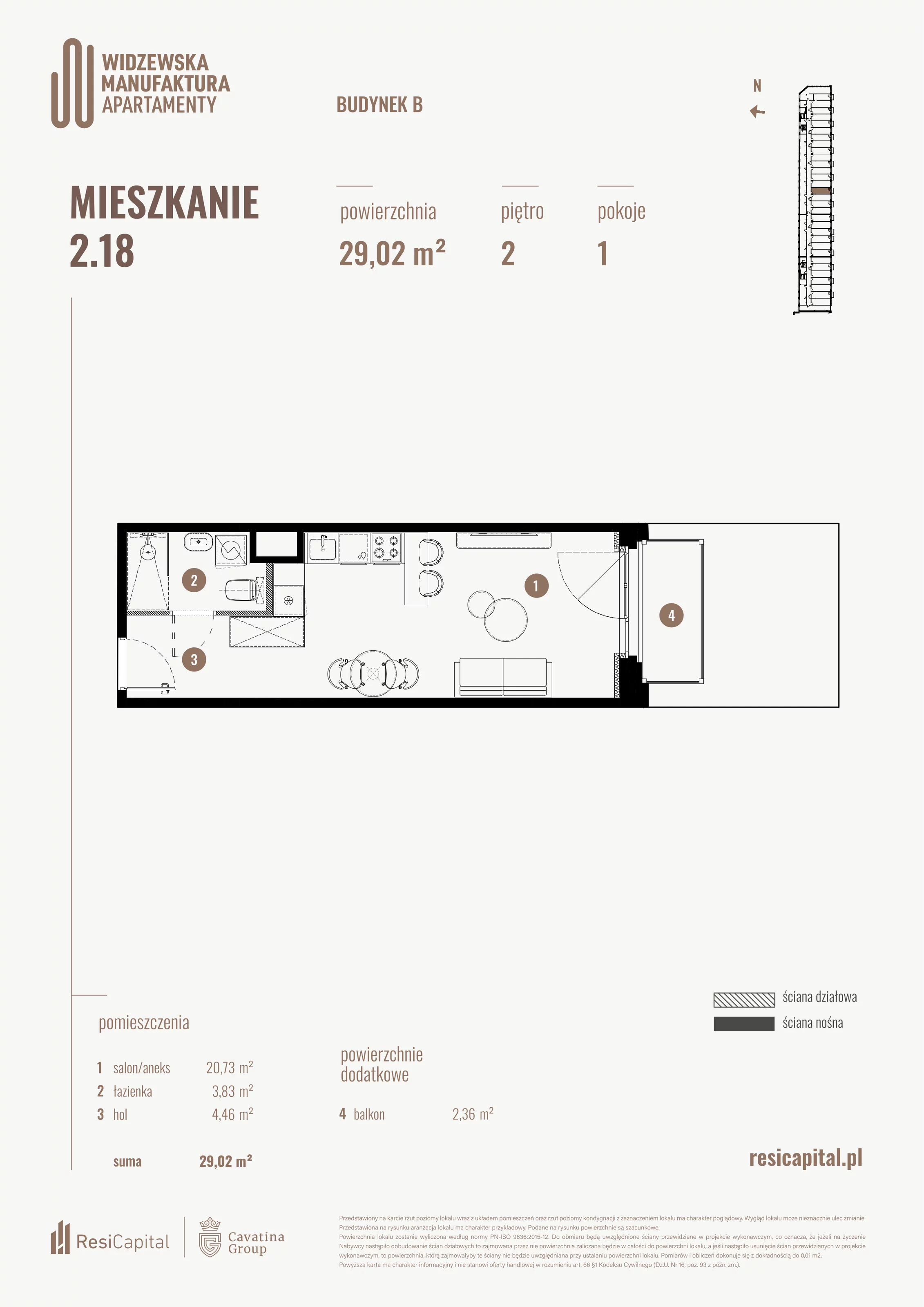 1 pokój, mieszkanie 29,02 m², piętro 2, oferta nr B.02.18., Wima Apartments, Łódź, Widzew, al. Piłsudskiego 135